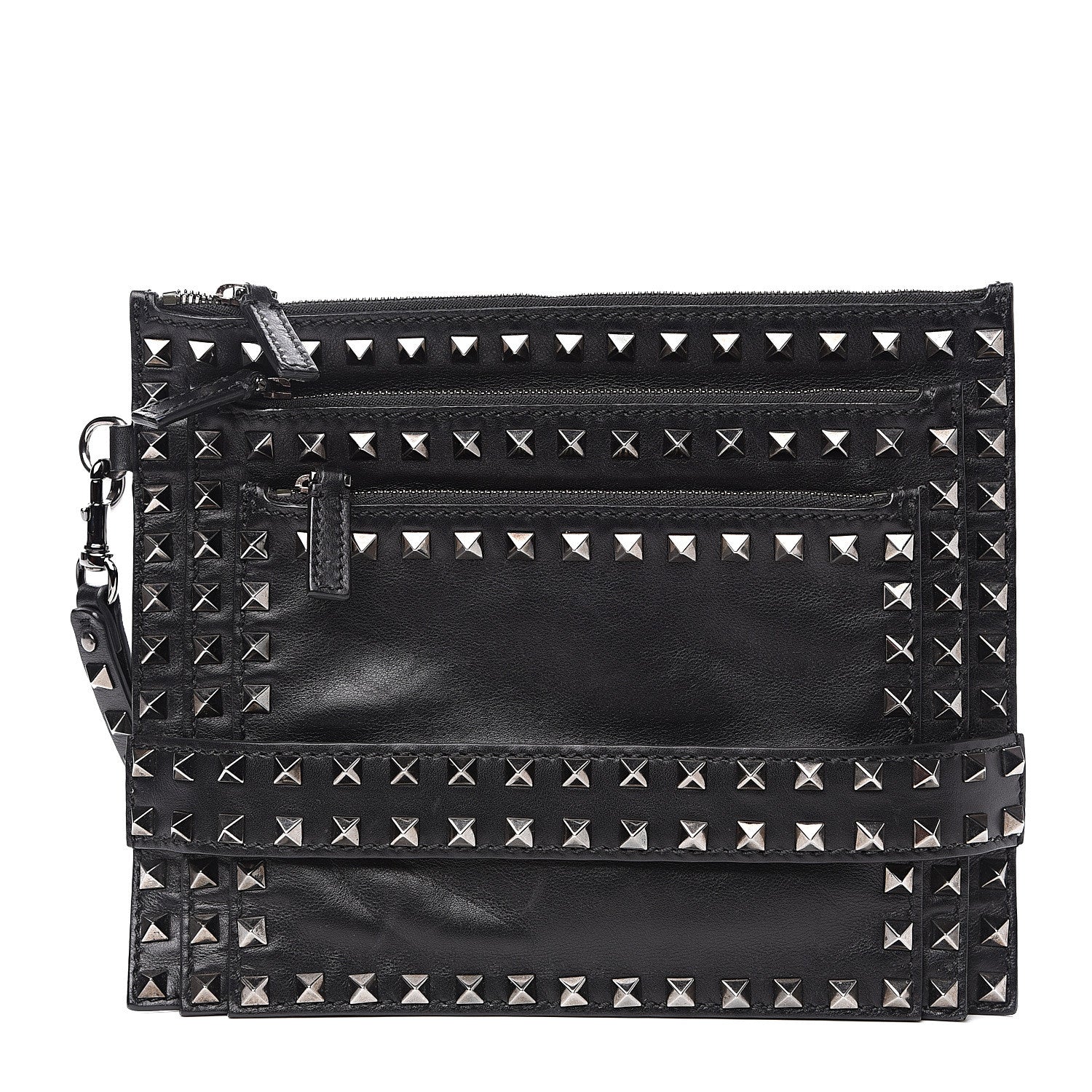 Valentino Garavani Vitello Rockstud Triple Zip Wristlet Pouch Black 1 of 10