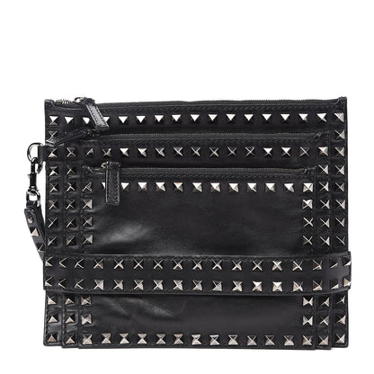 Valentino Garavani Vitello Rockstud Triple Zip Wristlet Pouch Black 1 of 10