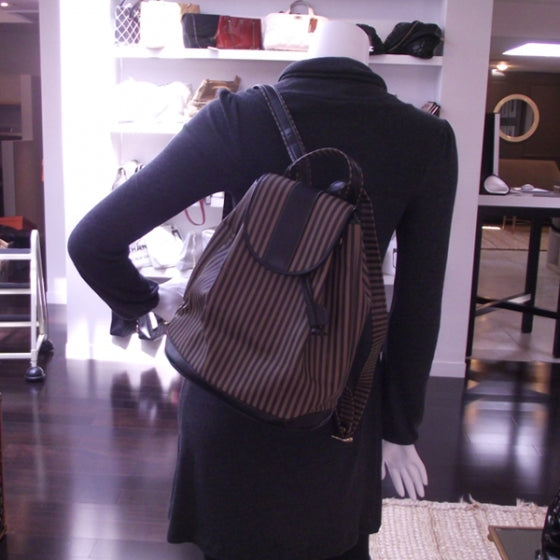 Canvas Calfskin Striped Drawstring Backpack Tobacco