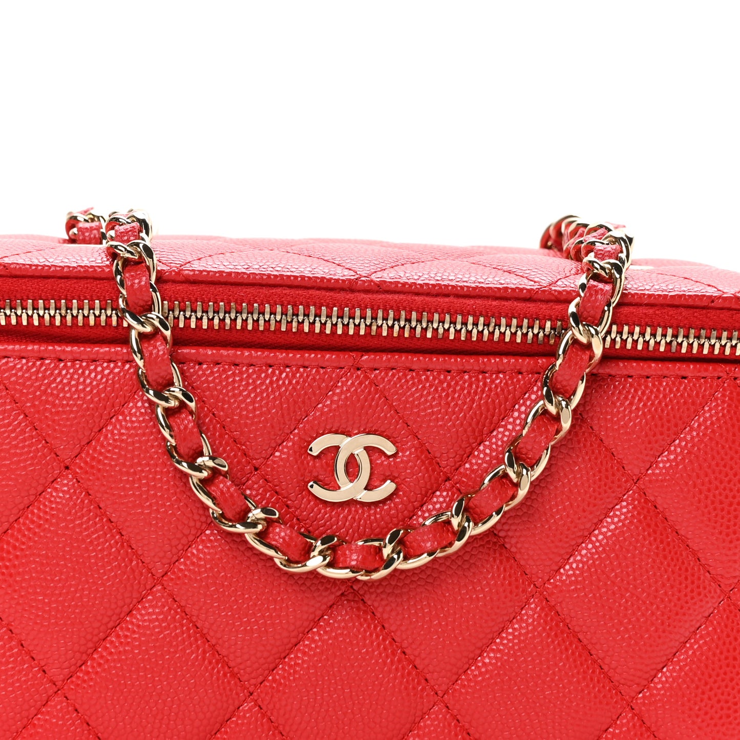 Caviar Quilted Small Vanity Case With Chain Red