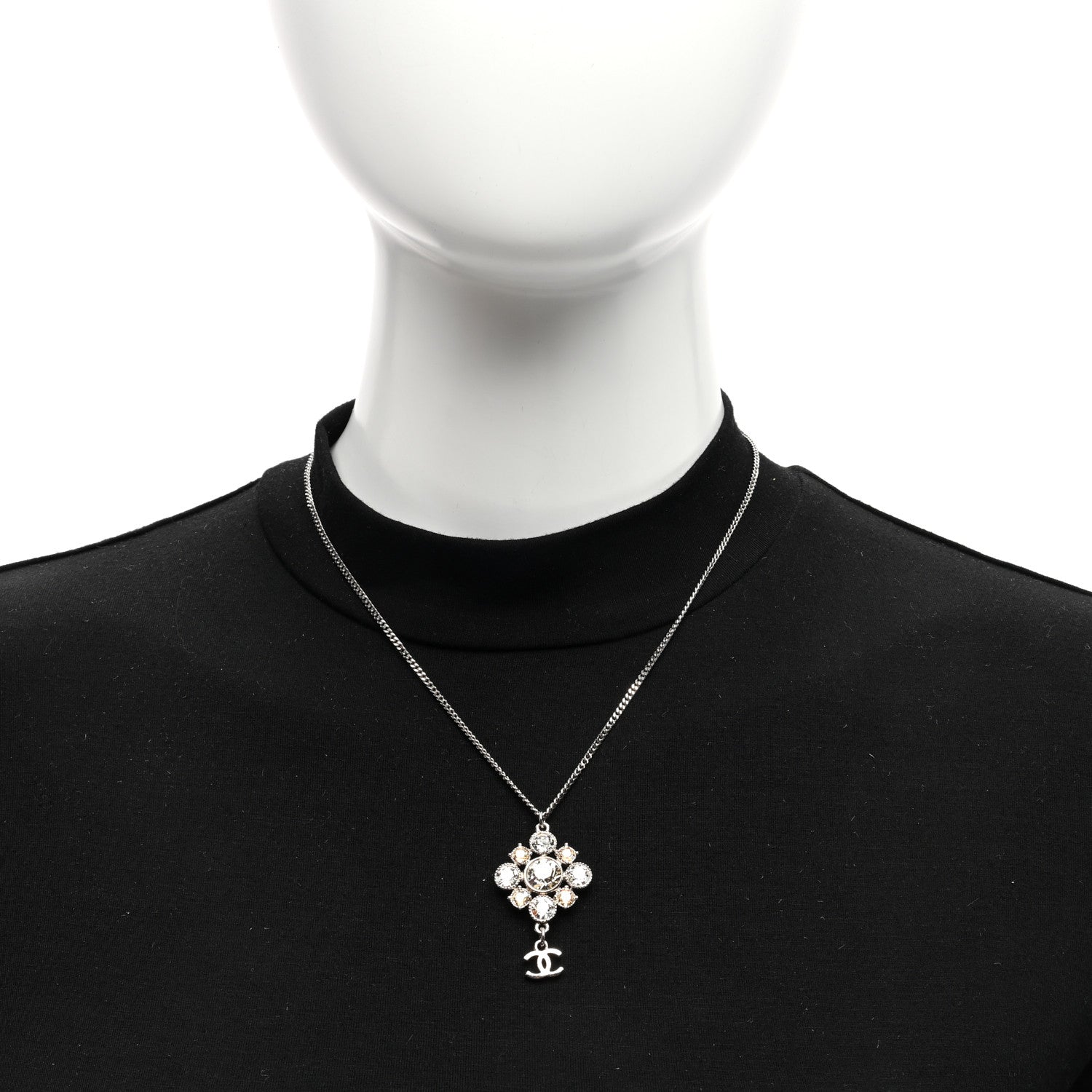 Chanel Crystal CC Drop Pendant Necklace Silver 2 of 5