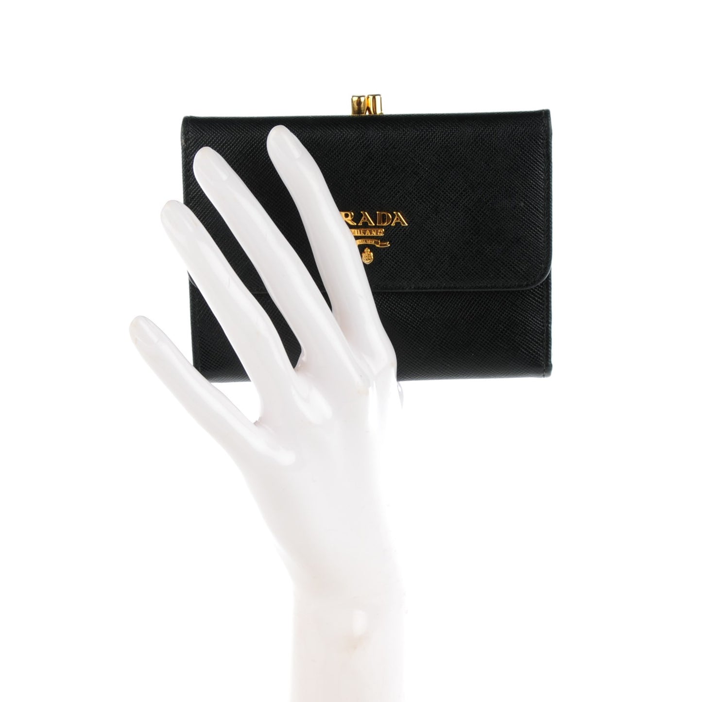 Saffiano Metal Compact Kiss Lock Wallet Black