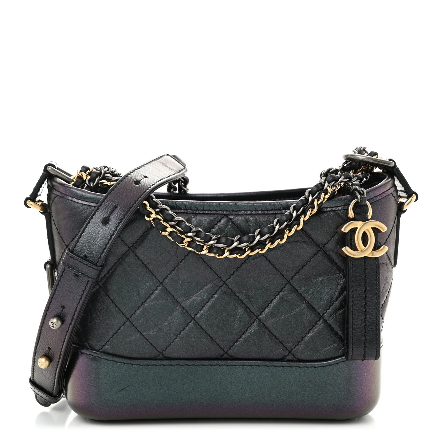 Iridescent Aged Calfskin Quilted Small Gabrielle Hobo Black