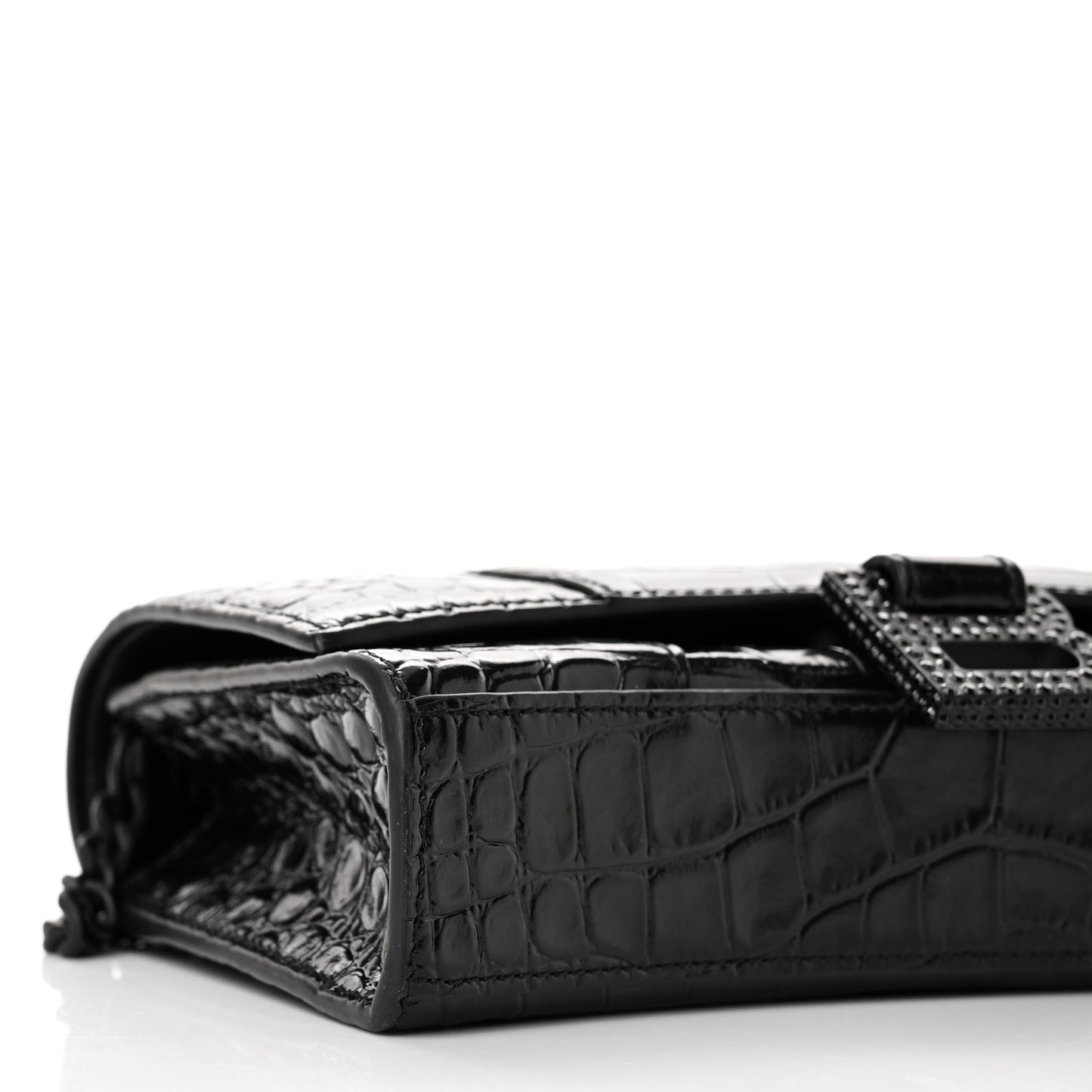 Shiny Calfskin Monochrome Crocodile Embossed Hourglass Chain Bag Black