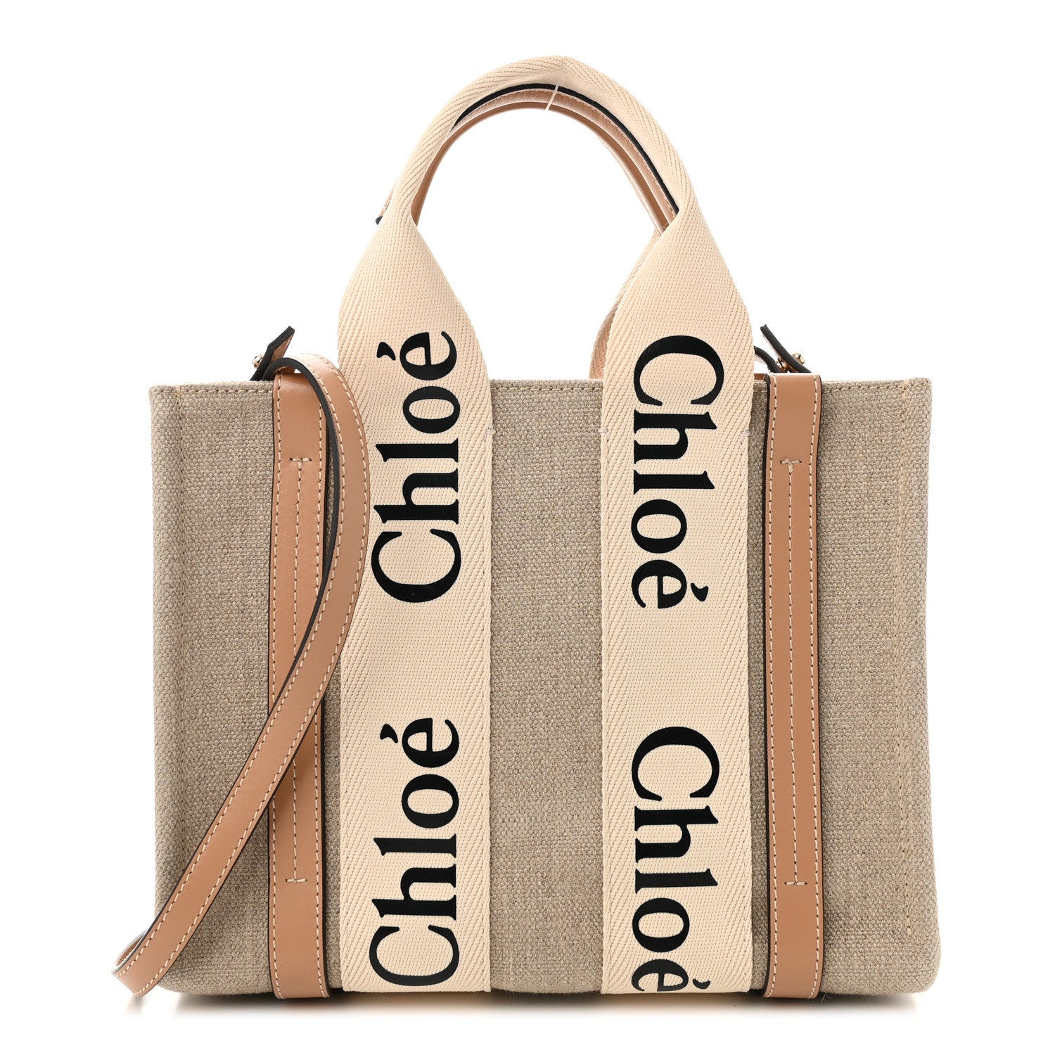 Chloe Linen Calfskin Small Woody Ribbon Tote With Strap White Light Brown 1 of 10