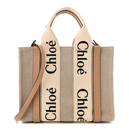 Chloe Linen Calfskin Small Woody Ribbon Tote With Strap White Light Brown 1 of 10