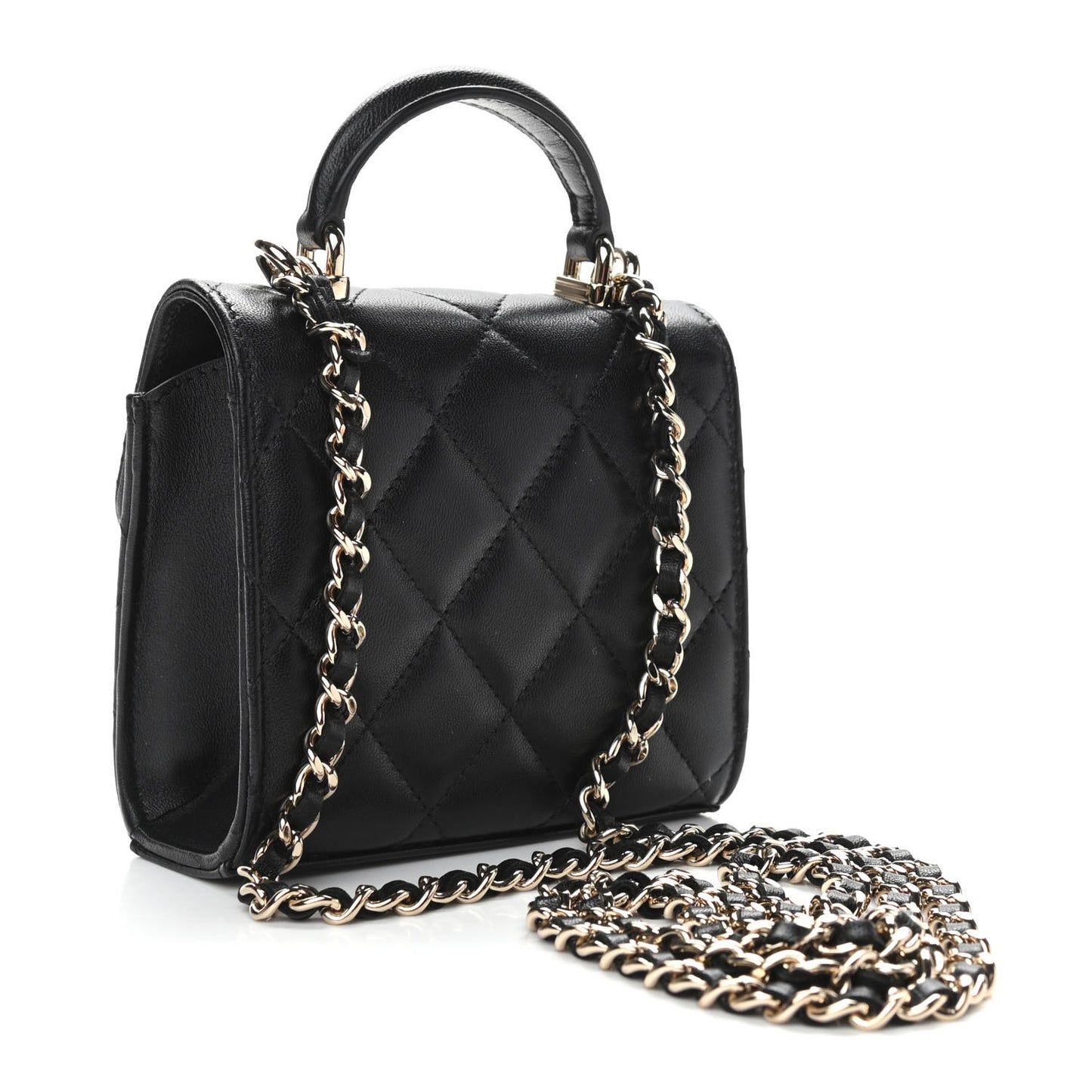 Lambskin Quilted Top Handle Flap Clutch With Chain Black