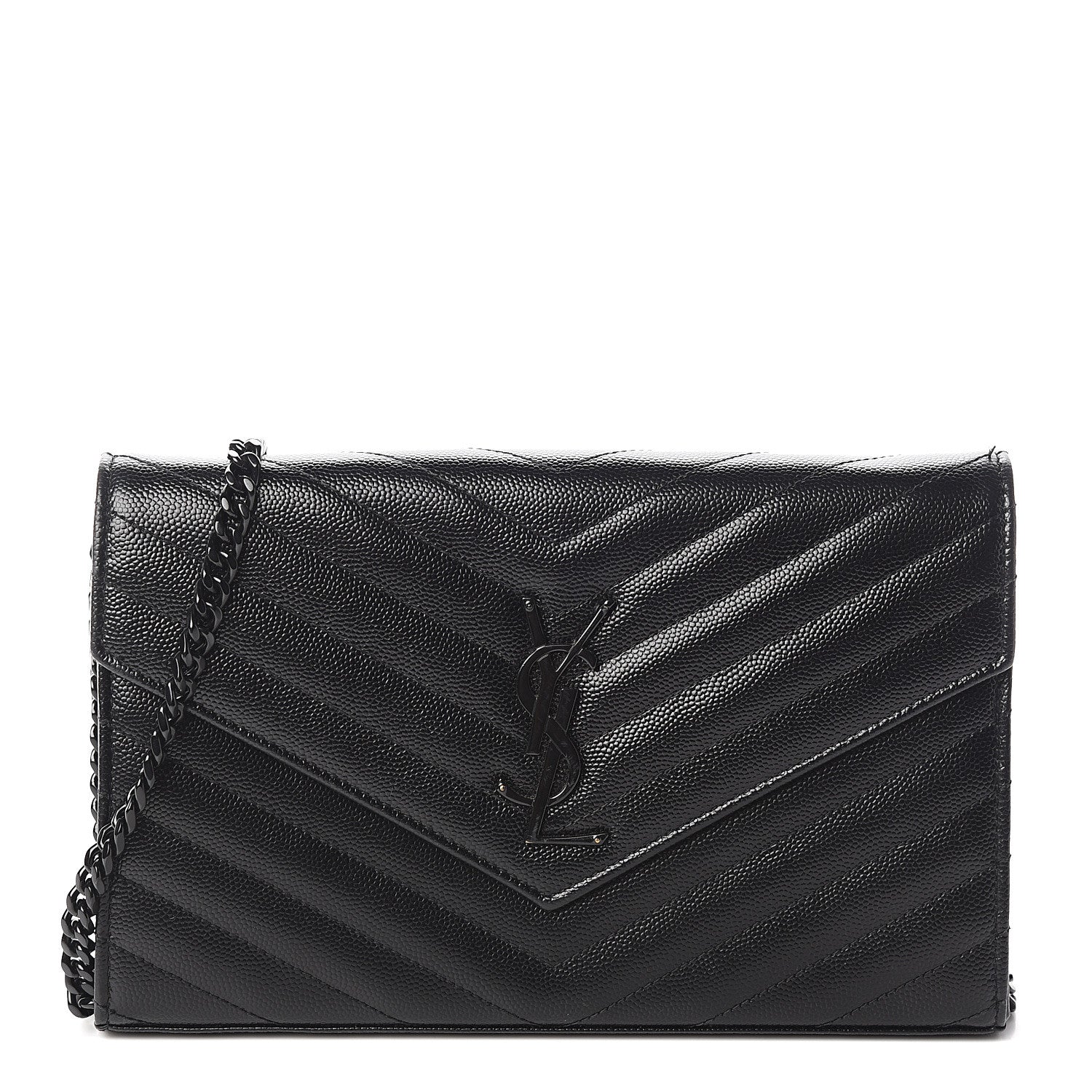 Saint Laurent Grain De Poudre Matelasse Chevron Monogram Chain Wallet Black 1 of 10