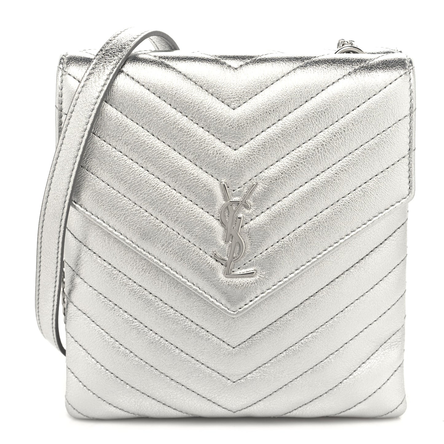 Metallic Lambskin Quilted Double Flap Bag Silver