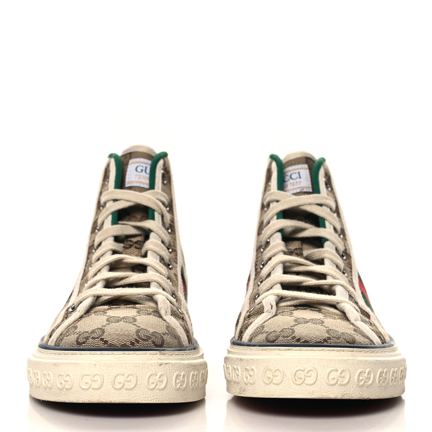 Gucci GG Monogram Web Womens 1977 Tennis High Top Sneakers 37 Beige Ebony Mystic White 3 of 9