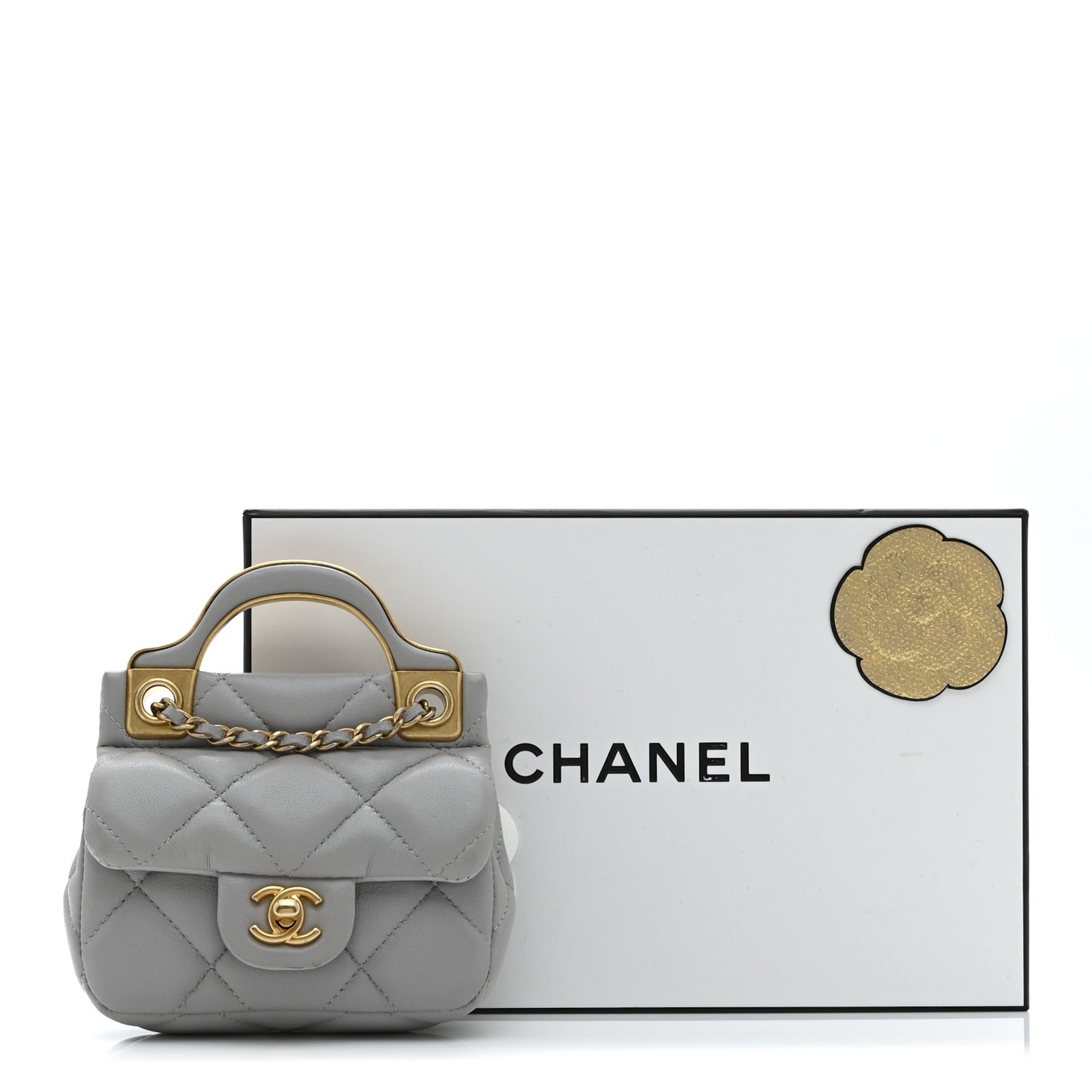 Calfskin Quilted Lady Handle Flap Card Holder With Chain Grey