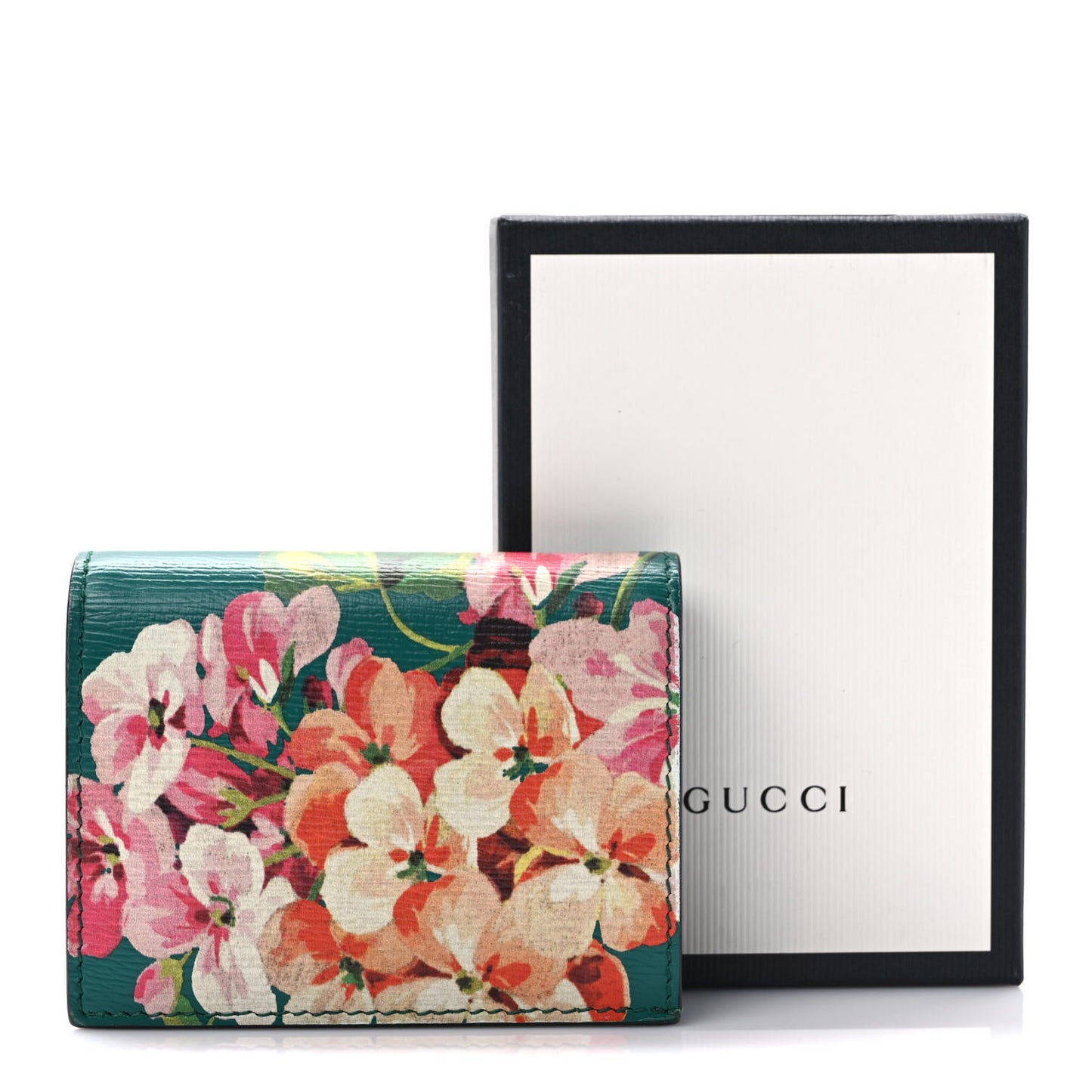 Shangai Calfskin Blooms Print Card Case Wallet Clear Bright Emerald Multicolor
