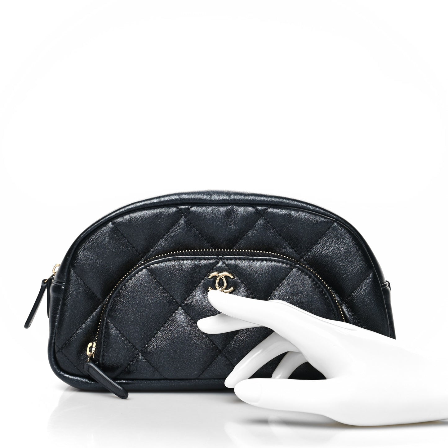 Iridescent Lambskin Quilted Double Zip Pouch Black
