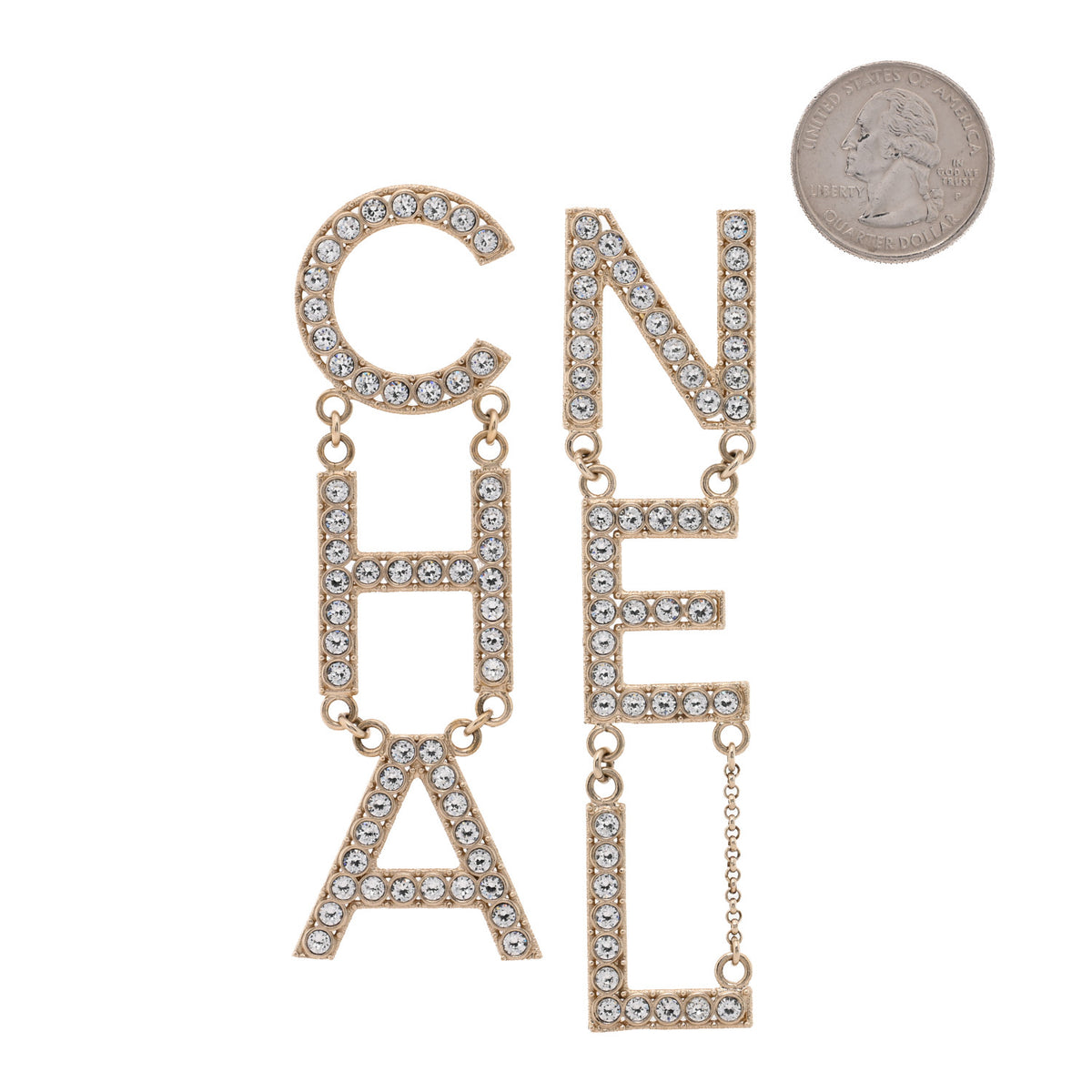 Chanel Crystal Cha-Nel Logo Drop Earrings Gold 2 of 5