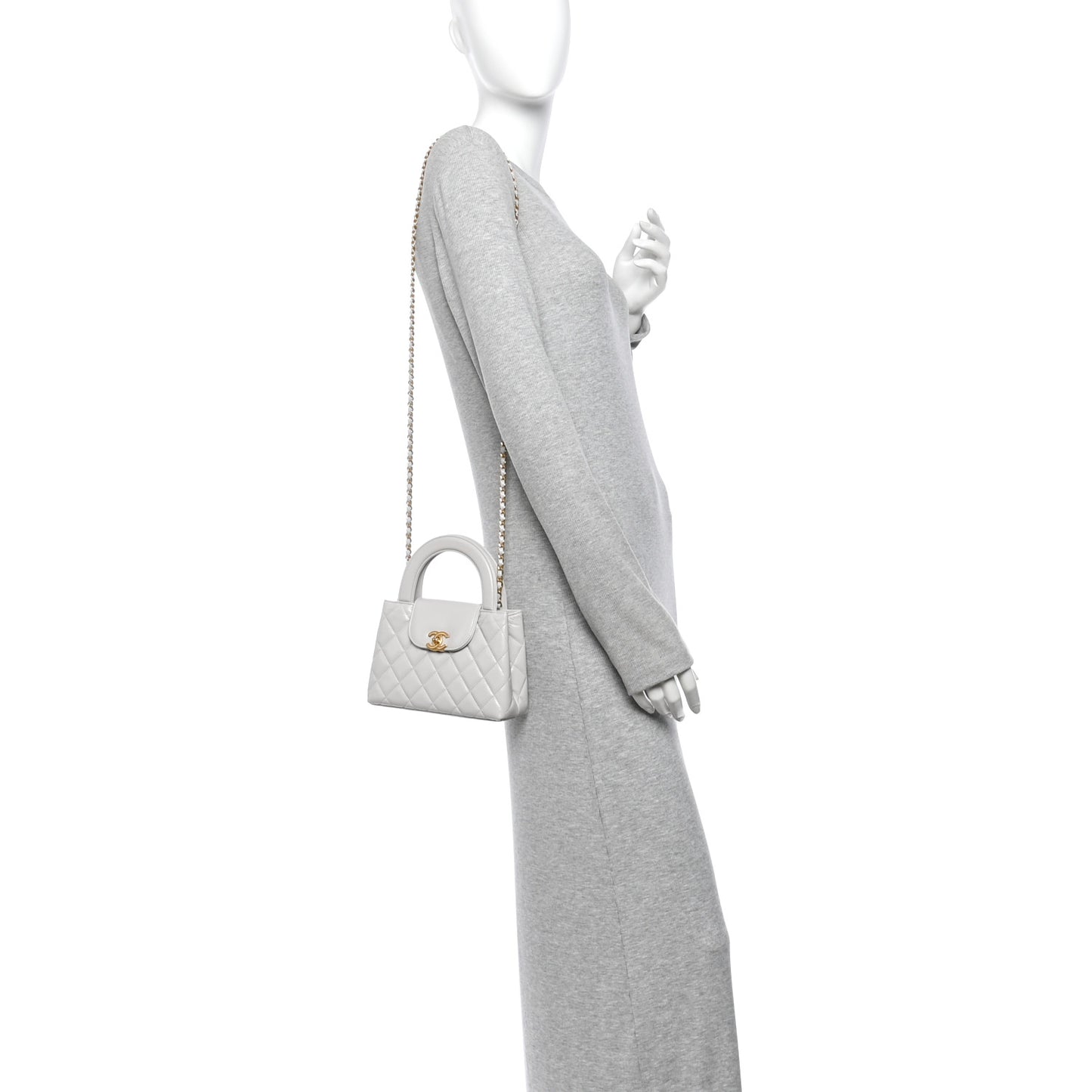 Shiny Aged Calfskin Quilted Nano Kelly Shopper Light Grey