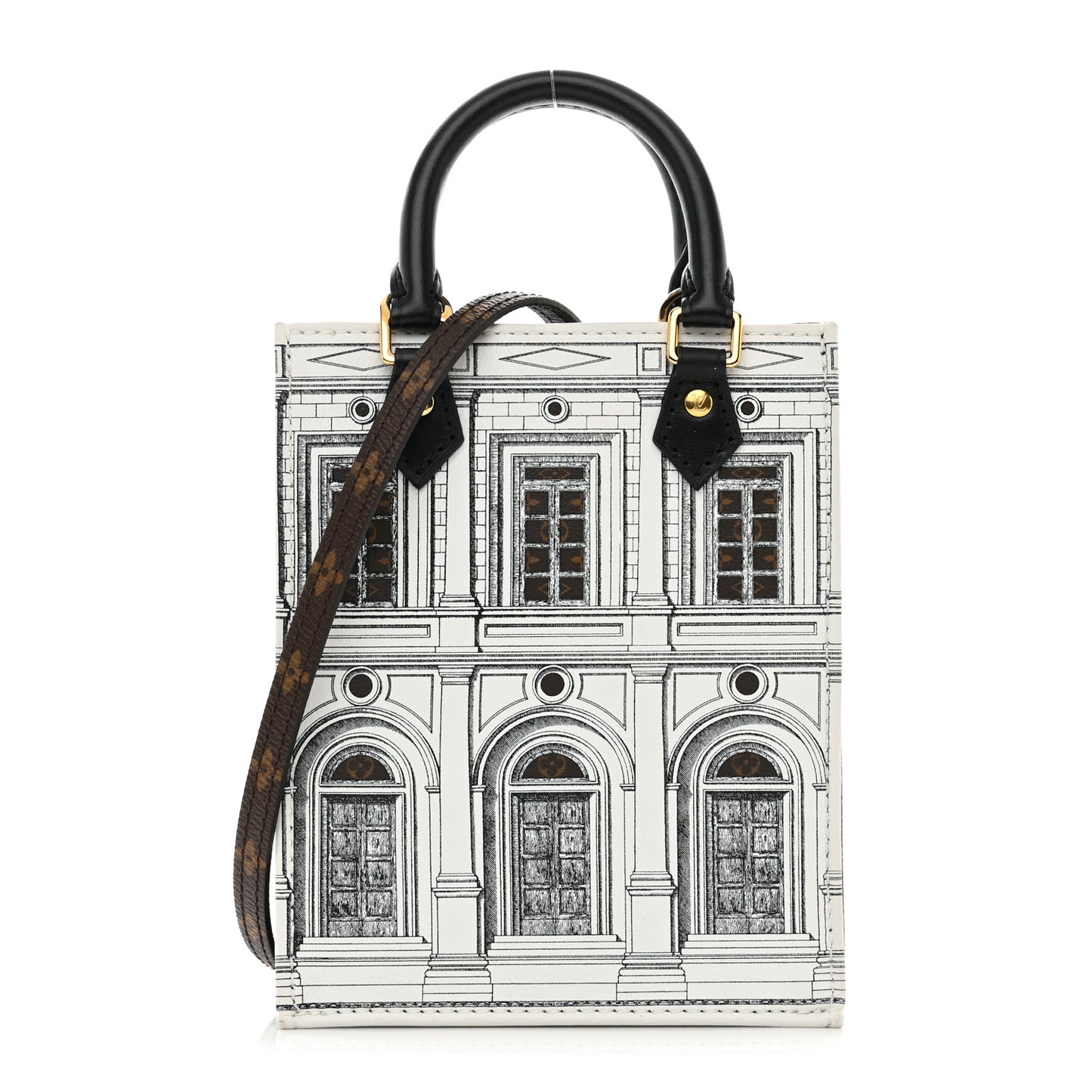 X FORNASETTI Calfskin Architettura Petit Sac Plat Black White