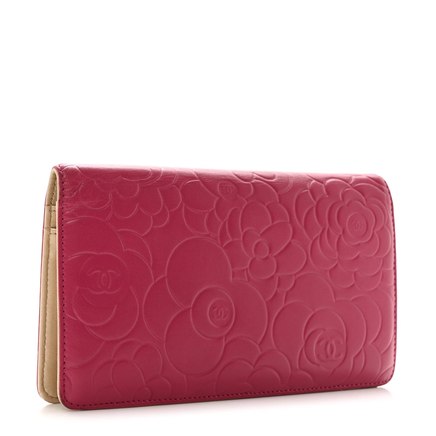 Lambskin Camellia Embossed Yen Wallet Fuchsia