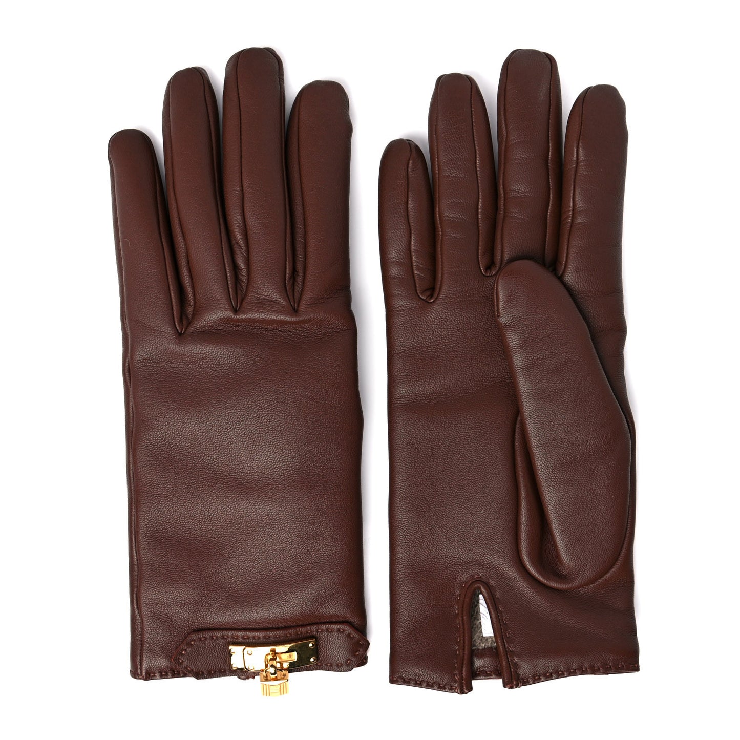 Lambskin Soya Kelly Lock Gloves 7.5 Brown