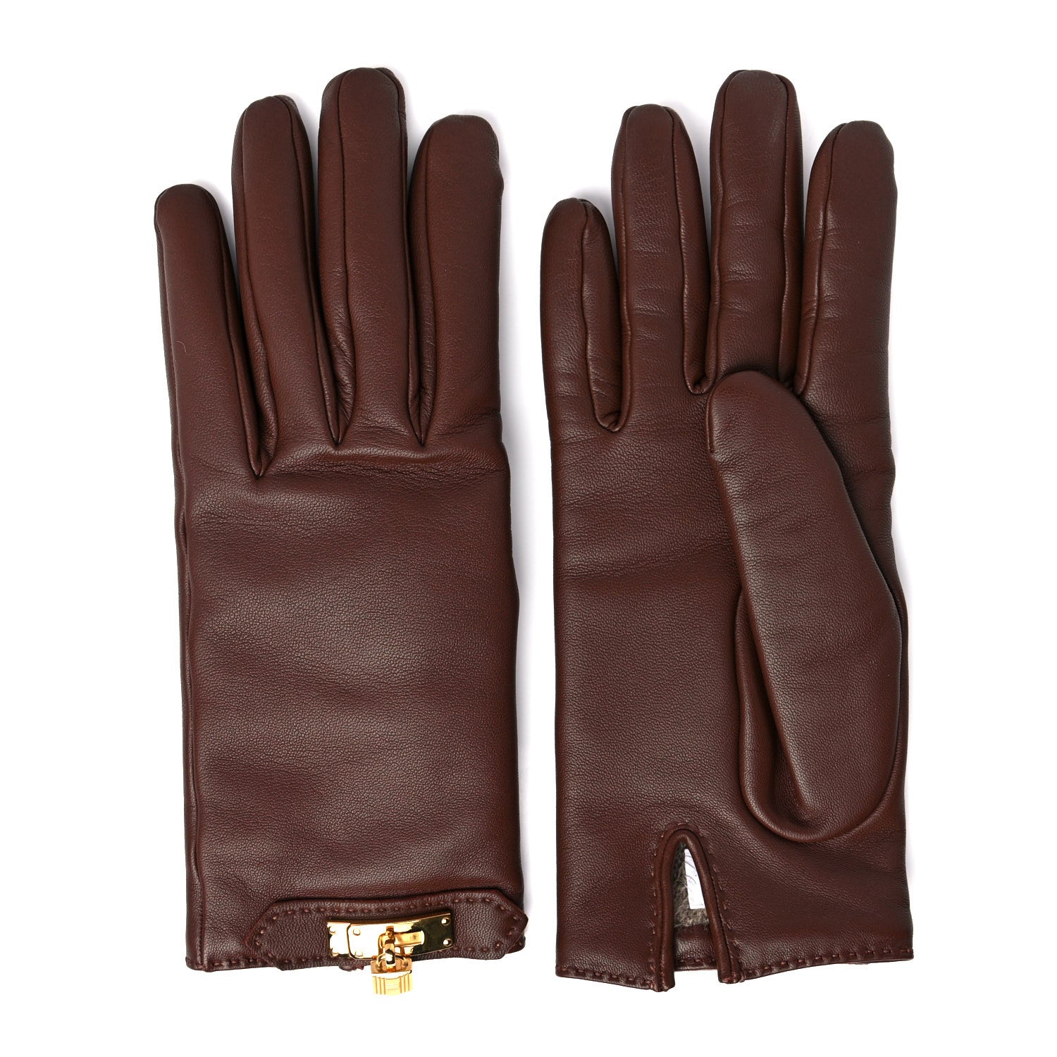 Hermes Lambskin Soya Kelly Lock Gloves 7.5 Brown 1 of 10