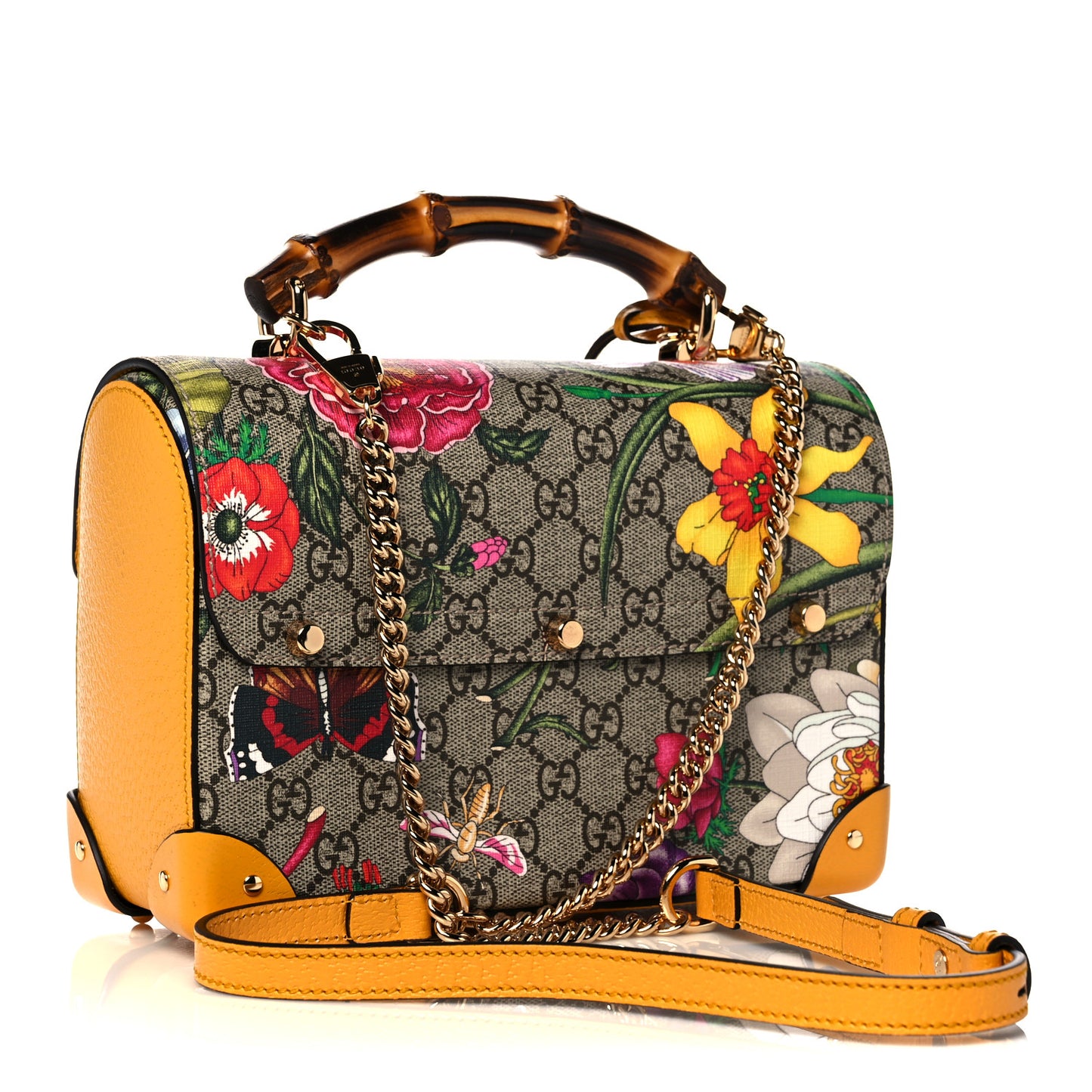 GG Supreme Monogram Flora Small Padlock Bamboo Shoulder Bag Beige Multicolor Crop