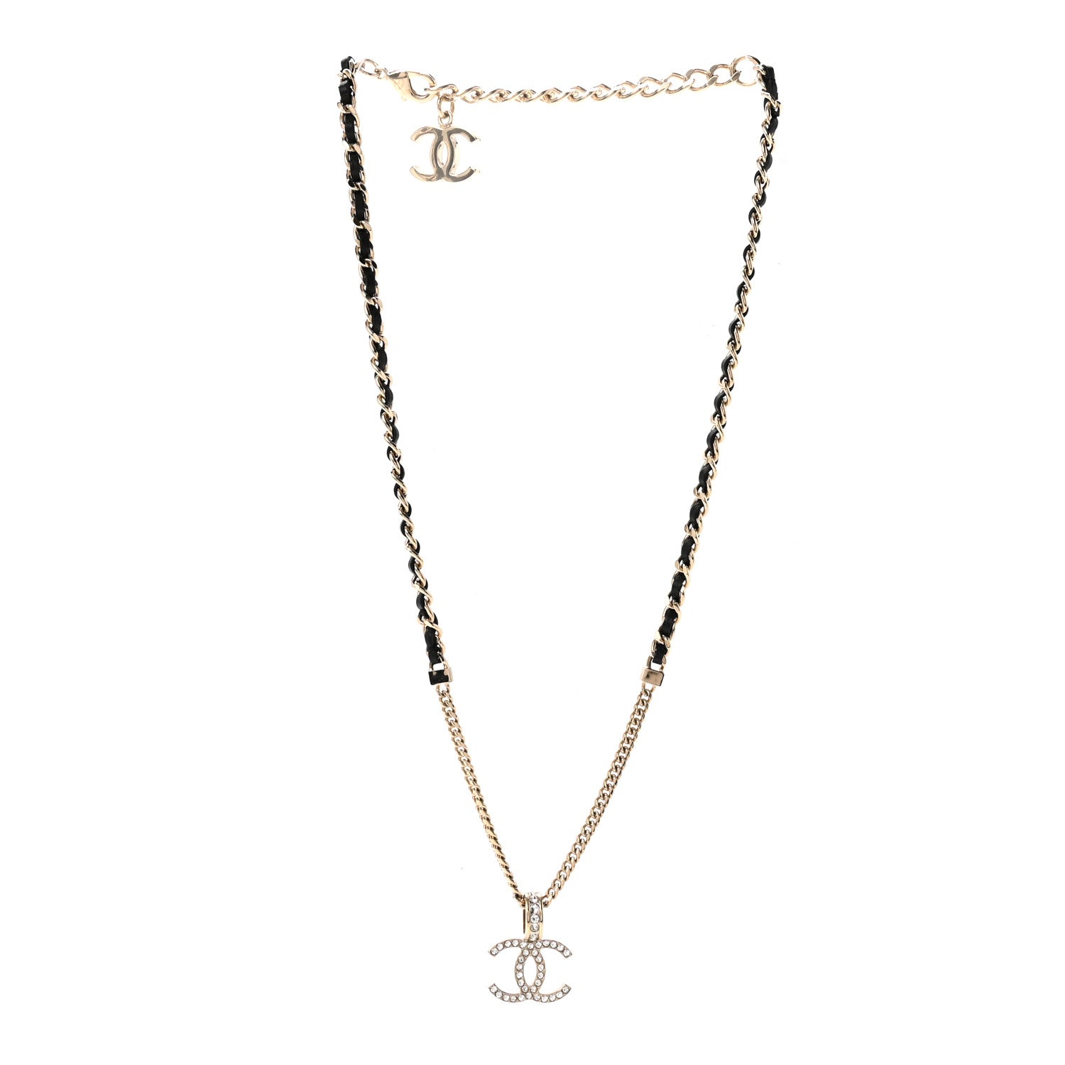 Chanel Lambskin Crystal CC Chain Pendant Necklace Black Gold 3 of 7