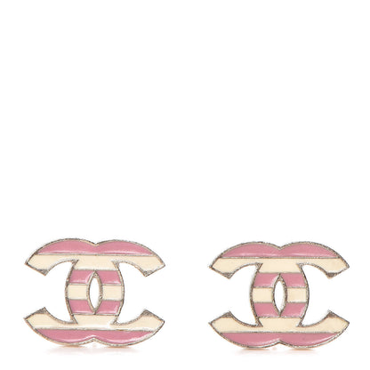 Chanel Enamel Striped CC Earrings Pink White Gold 1 of 5