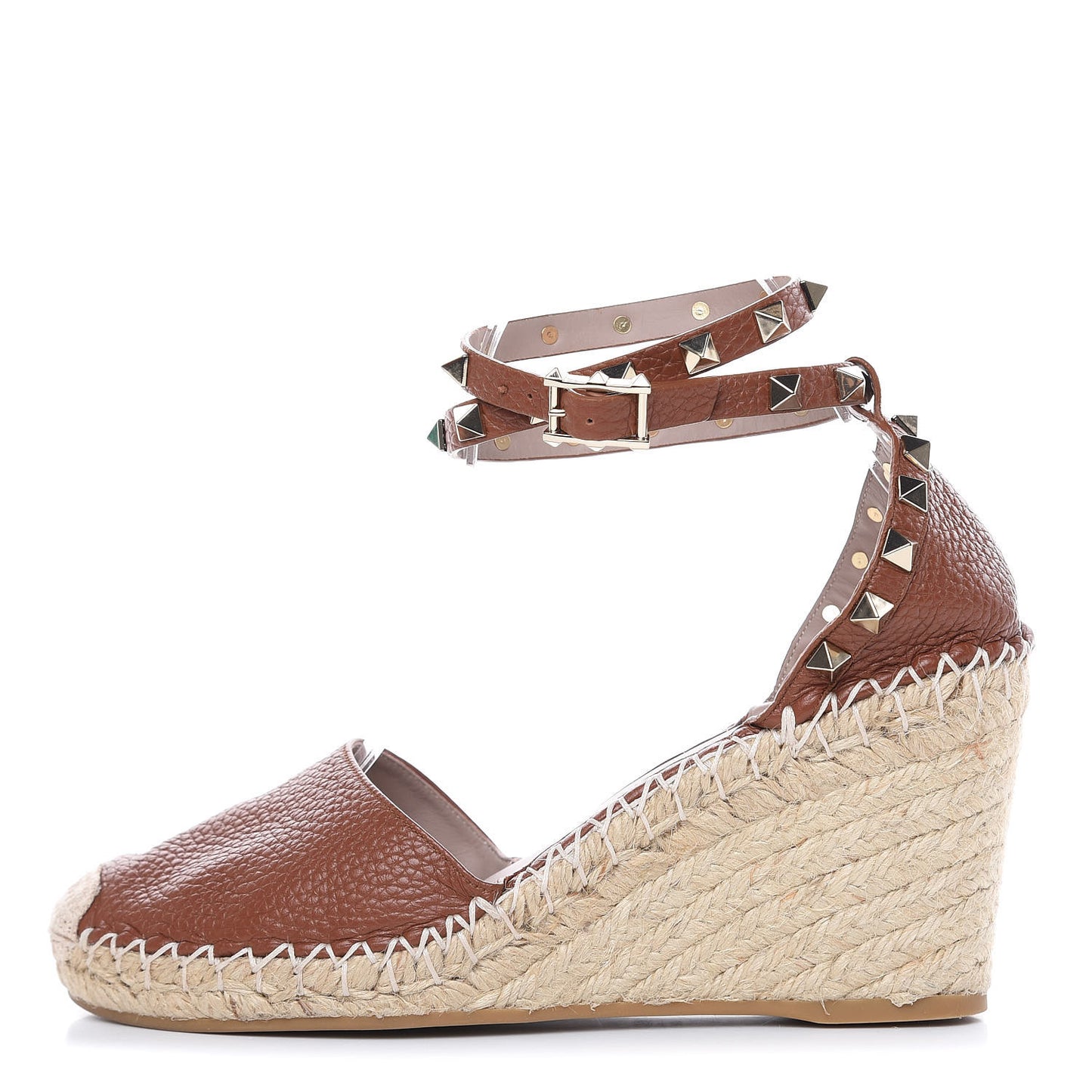 Grained Calfskin Rockstud Ankle Wrap Espadrille 15/85mm Wedges 37 Cuoio