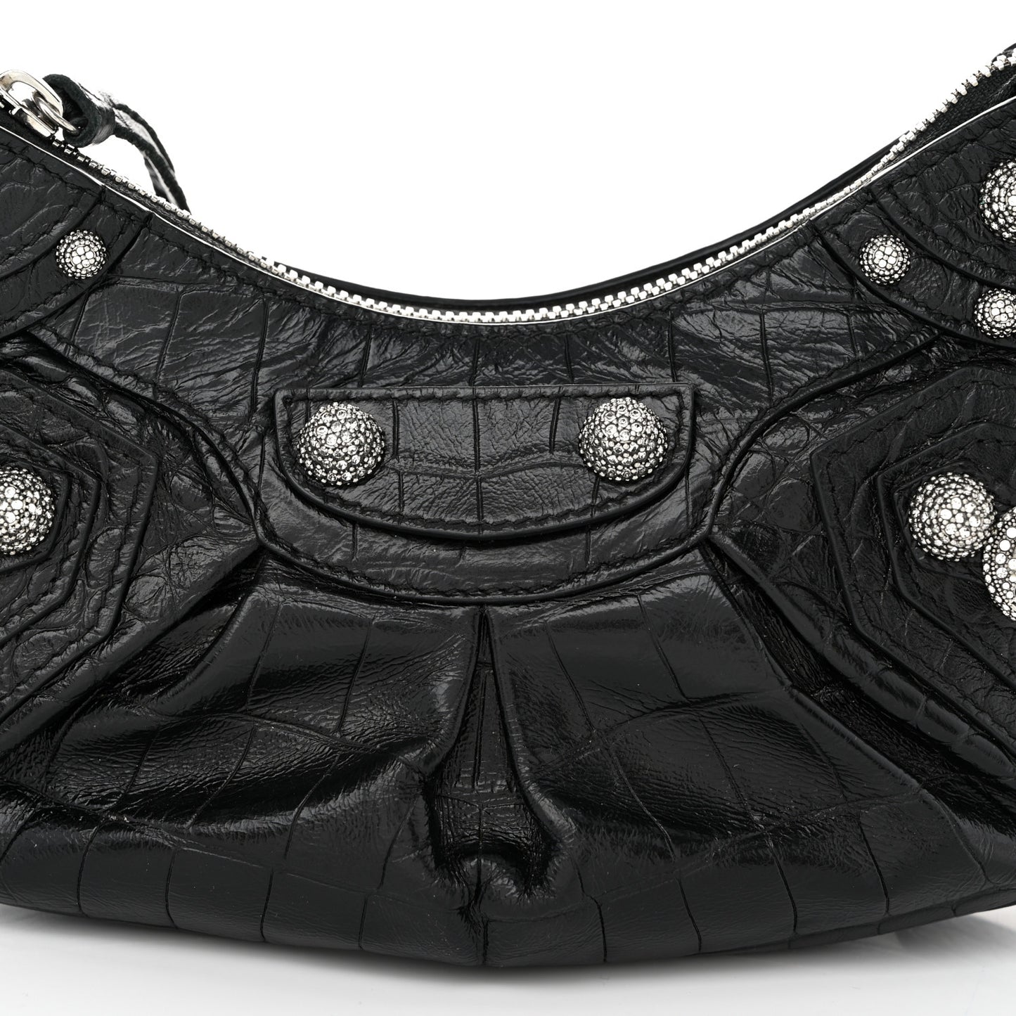 Extra Supple Calfskin Crystal Crocodile Embossed Le Cagole Shoulder Bag XS Black