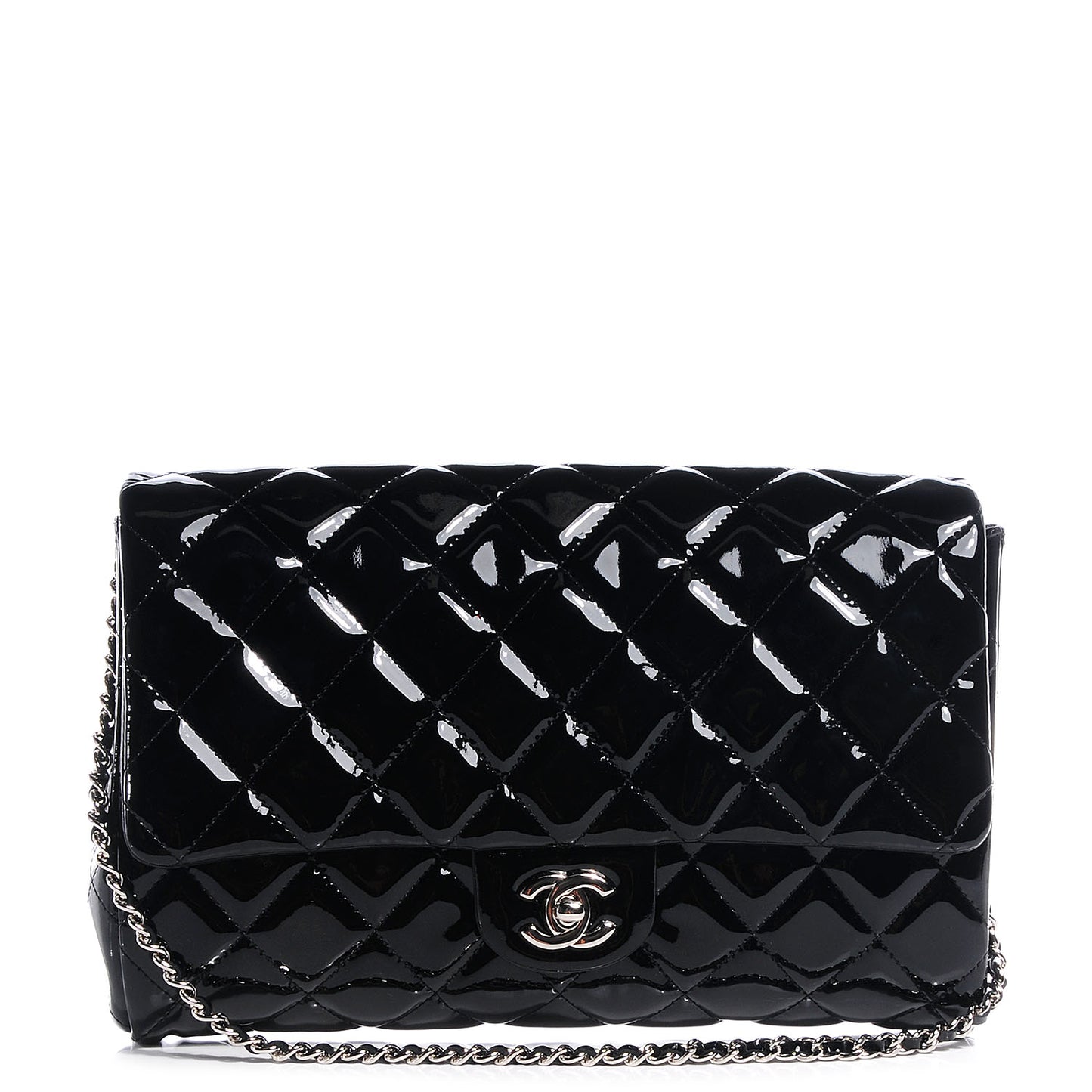 Patent Quilted Clutch with Chain Flap Black