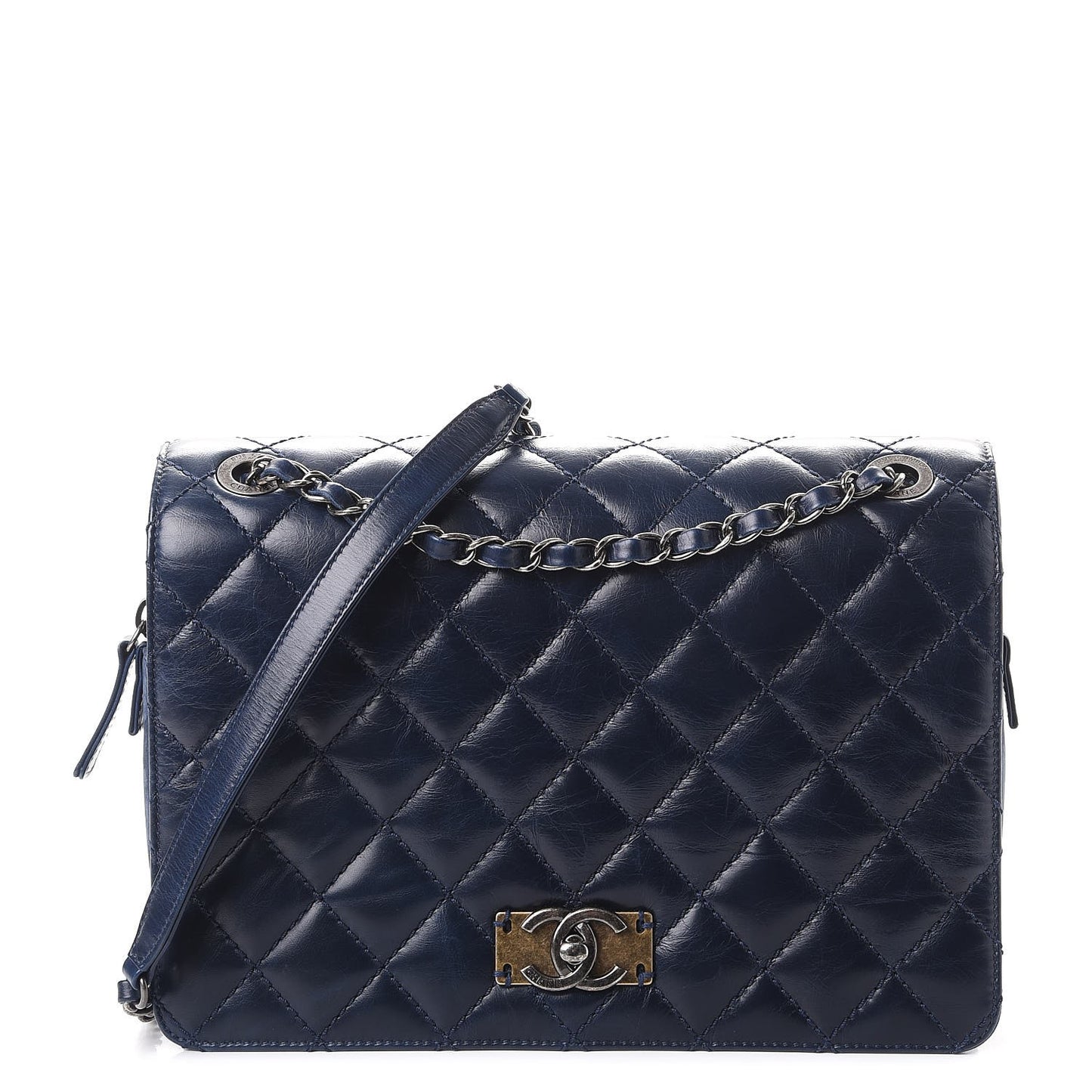 Glazed Calfskin Quilted Medium Day Trip Flap Navy