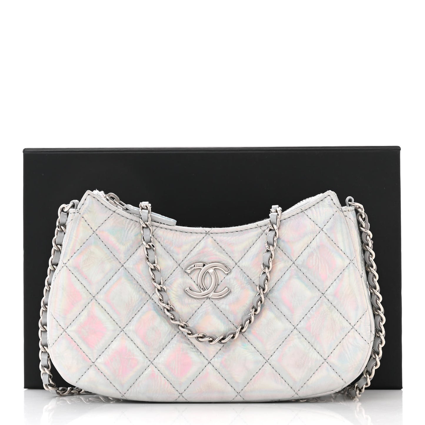Iridescent Mirror Goatskin Quilted Clutch With Chain Silver