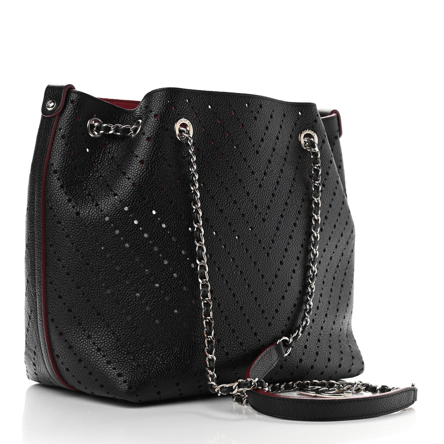 Caviar Perforated Drawstring CC Bag Black Burgundy
