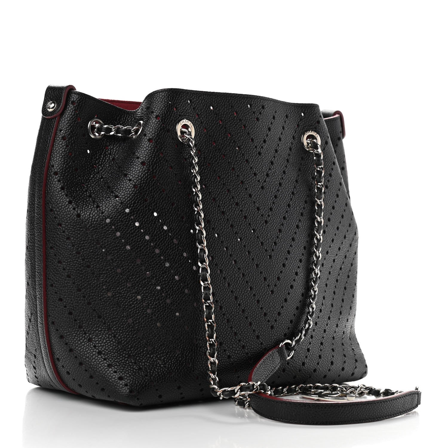 Chanel Caviar Perforated Drawstring CC Bag Black Burgundy 4 of 11