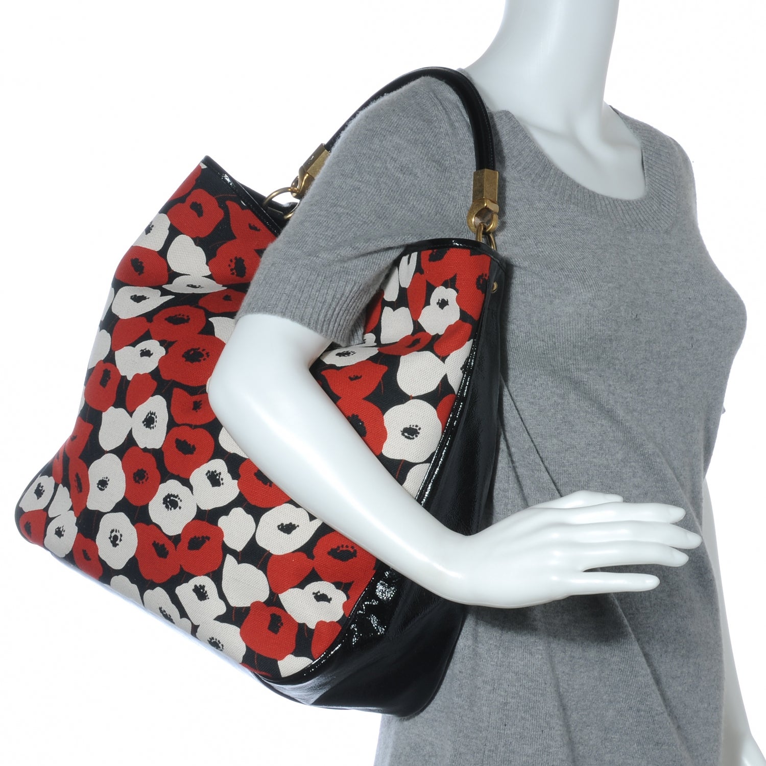 Saint Laurent Patent Leather Canvas Poppy Print Large Roady Hobo Black 2 of 7