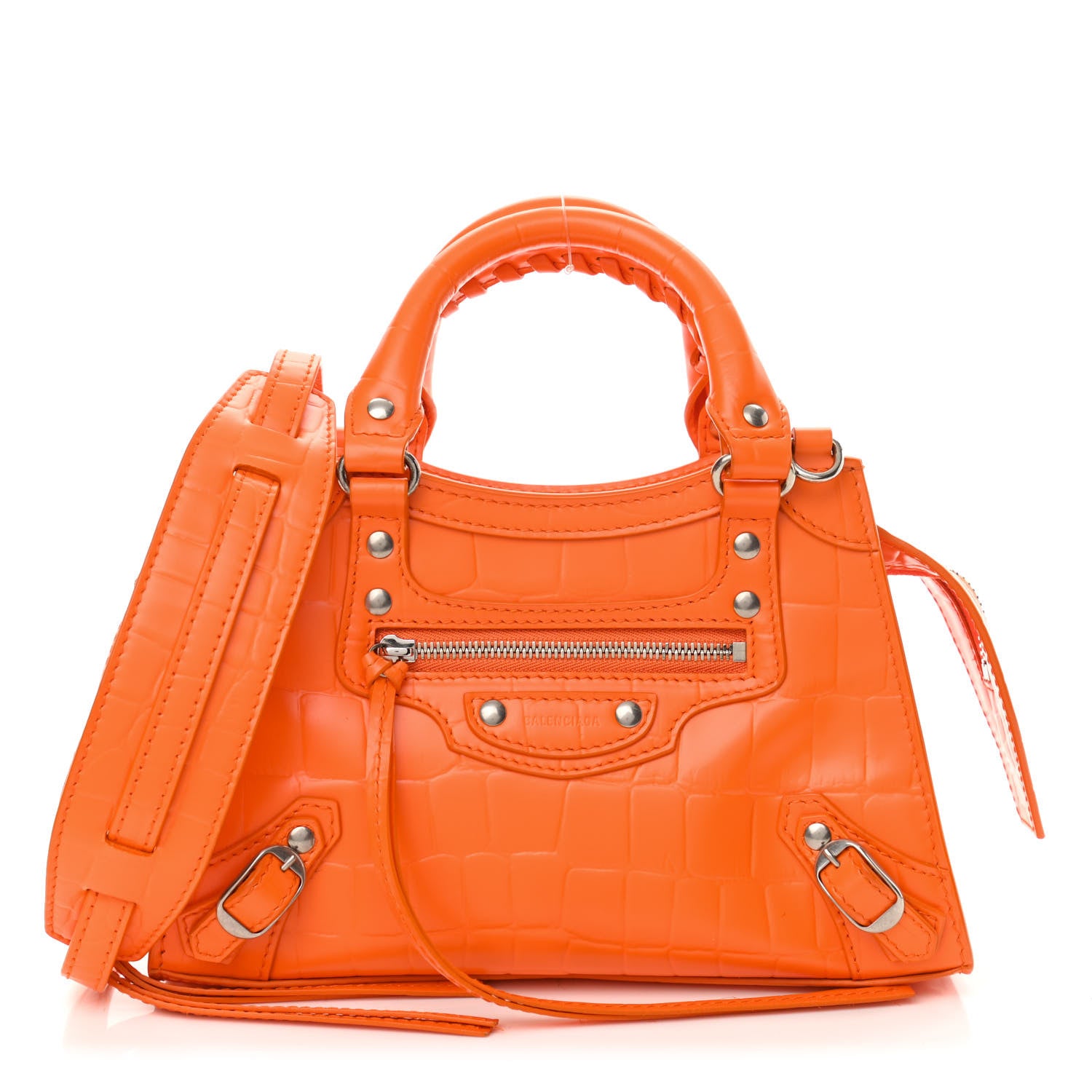 Balenciaga Semi Shiny Calfskin Crocodile Embossed Neo Classic Silver Hardware Mini City Orange 1 of 10