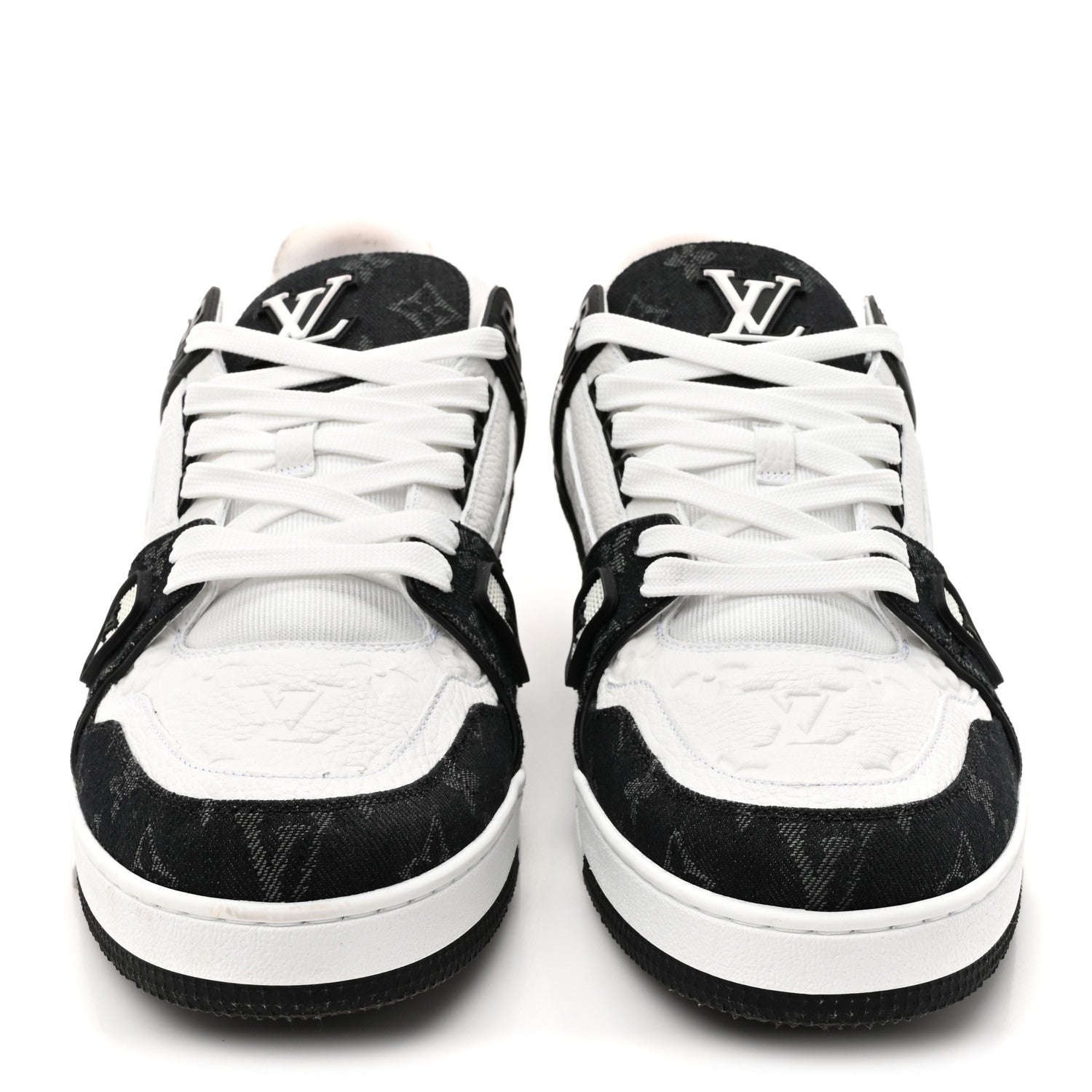 Louis Vuitton Calfskin Embossed Monogram Denim Mens LV Trainer Sneakers 12 Black 3 of 17
