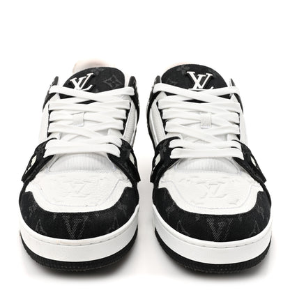 Louis Vuitton Calfskin Embossed Monogram Denim Mens LV Trainer Sneakers 12 Black 3 of 17
