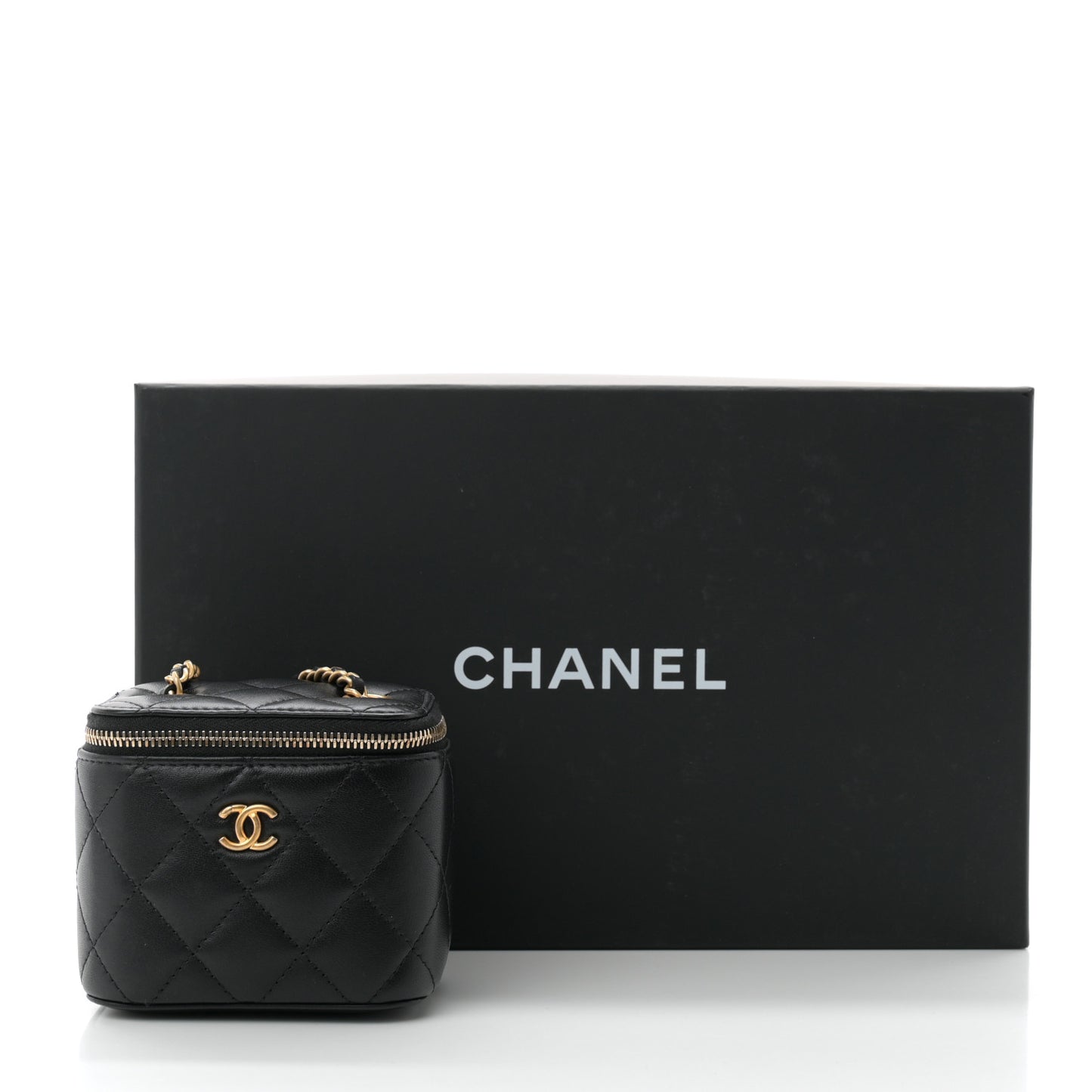 Lambskin Quilted Mini Pearl Crush Vanity Case With Chain Black