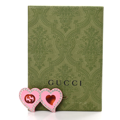Gucci Resin Crystal Embellished GG Double Heart Hair Clip Pink 5 of 5