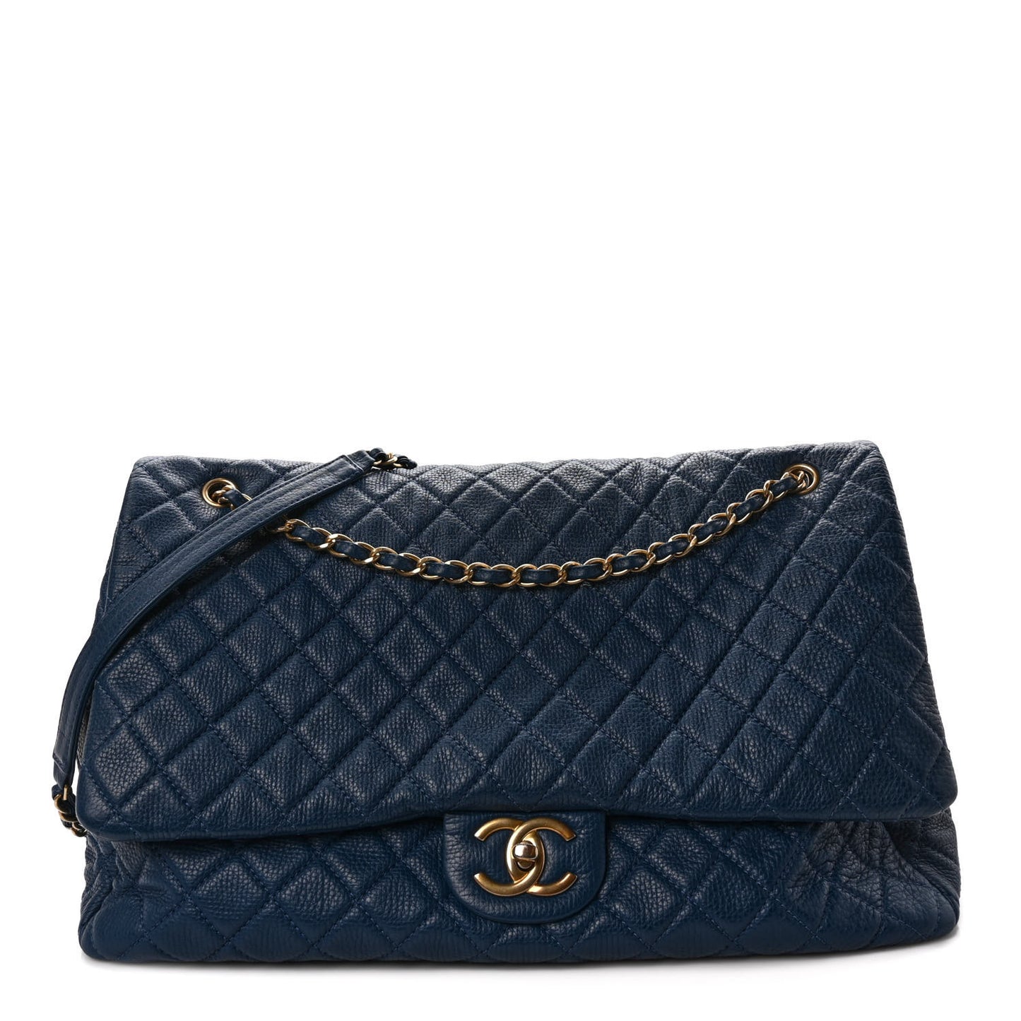 Calfskin Quilted XXL Travel Flap Bag Navy