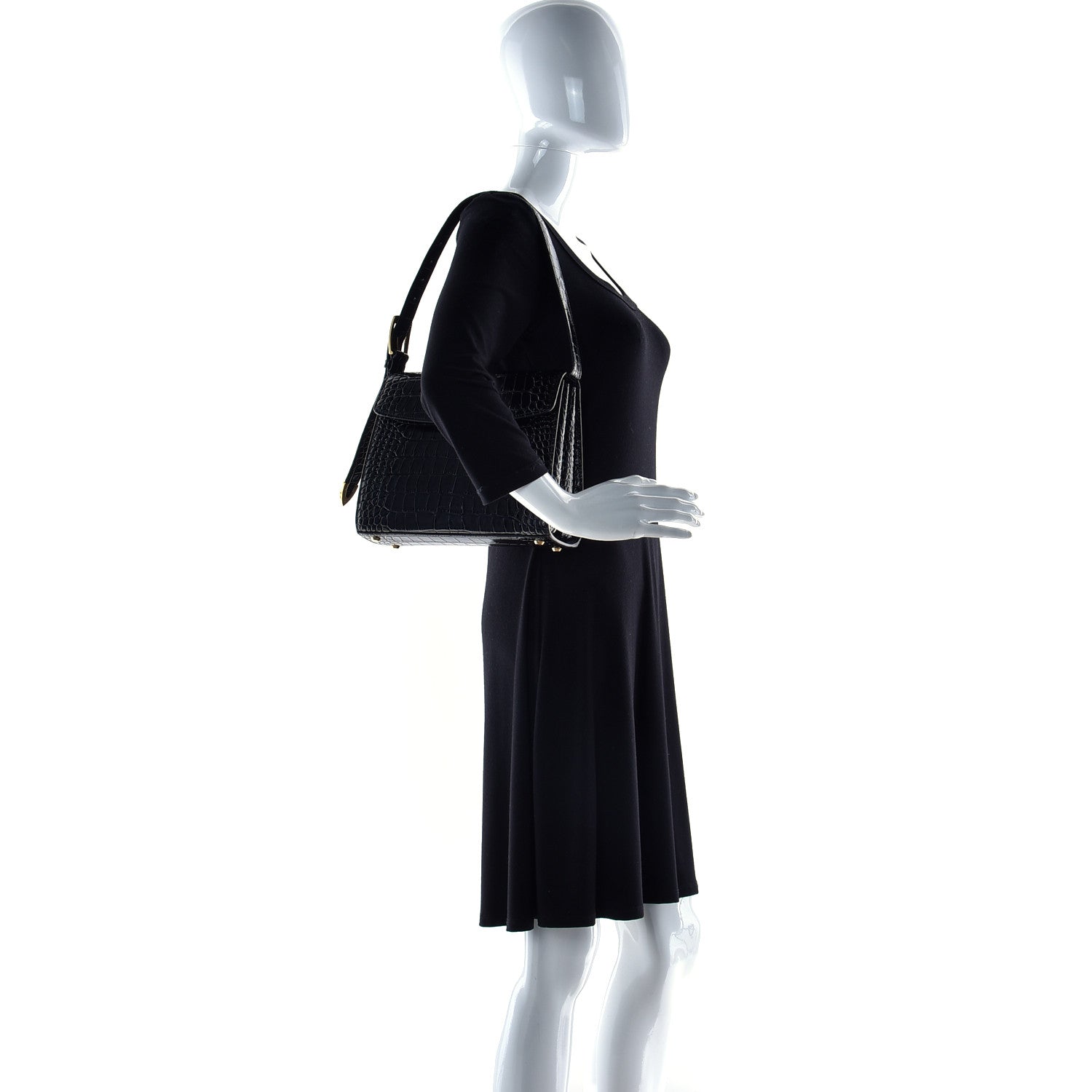Balenciaga Shiny Calfskin Crocodile Embossed Medium Ghost Shoulder Bag Black 2 of 15