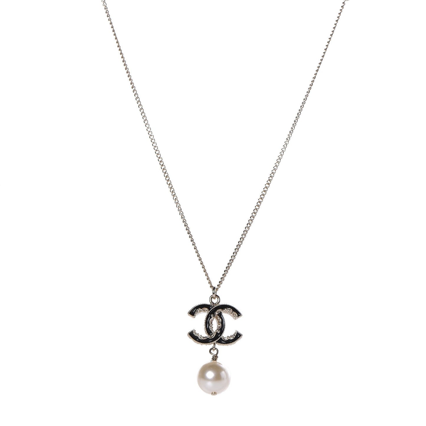 Enamel Pearl CC Baroque Drop Necklace Black Gold