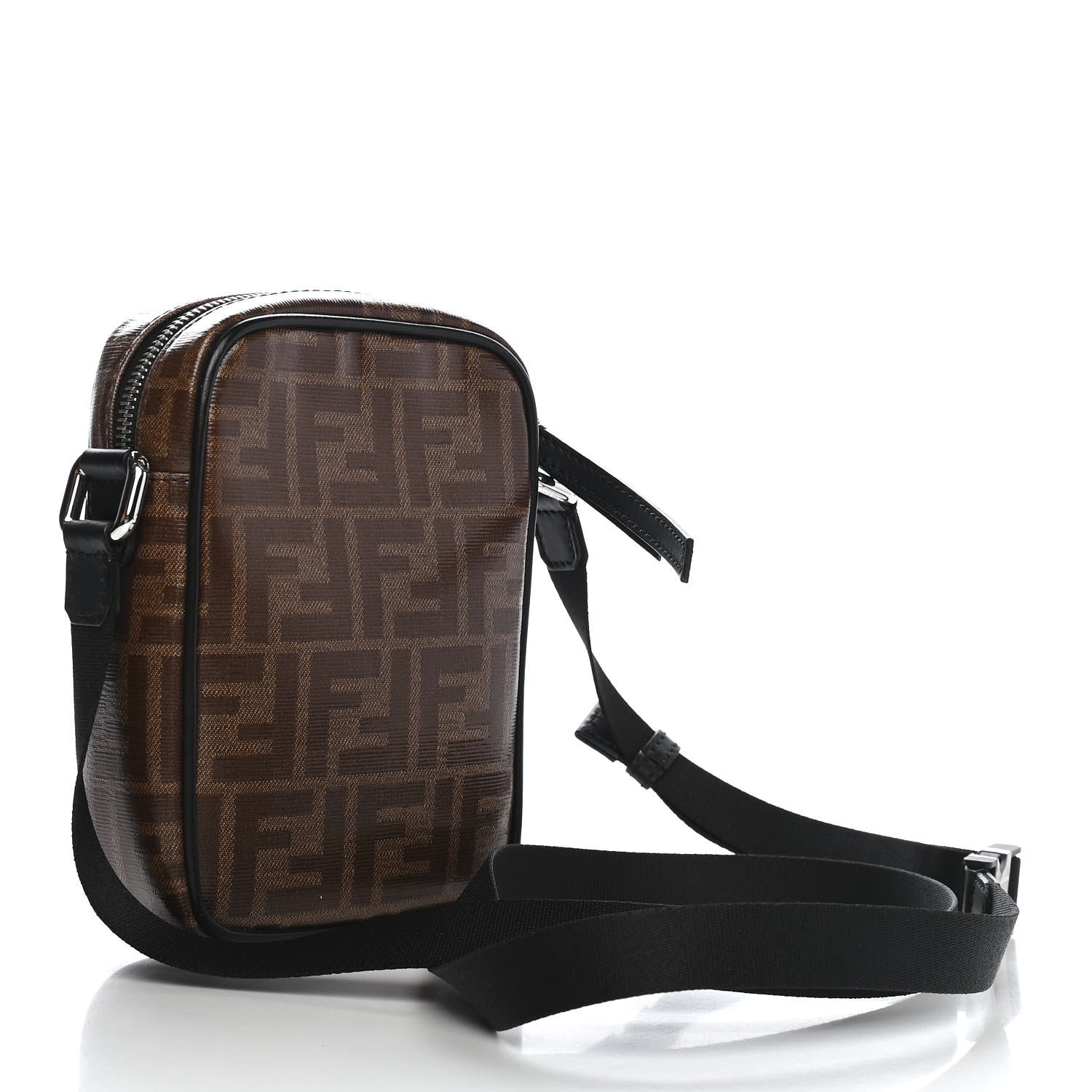 Fendi Glazed Fabric Vitello Century FF 1974 Stamp Patch Small Crossbody Messenger Mogano Panna Black 4 of 11
