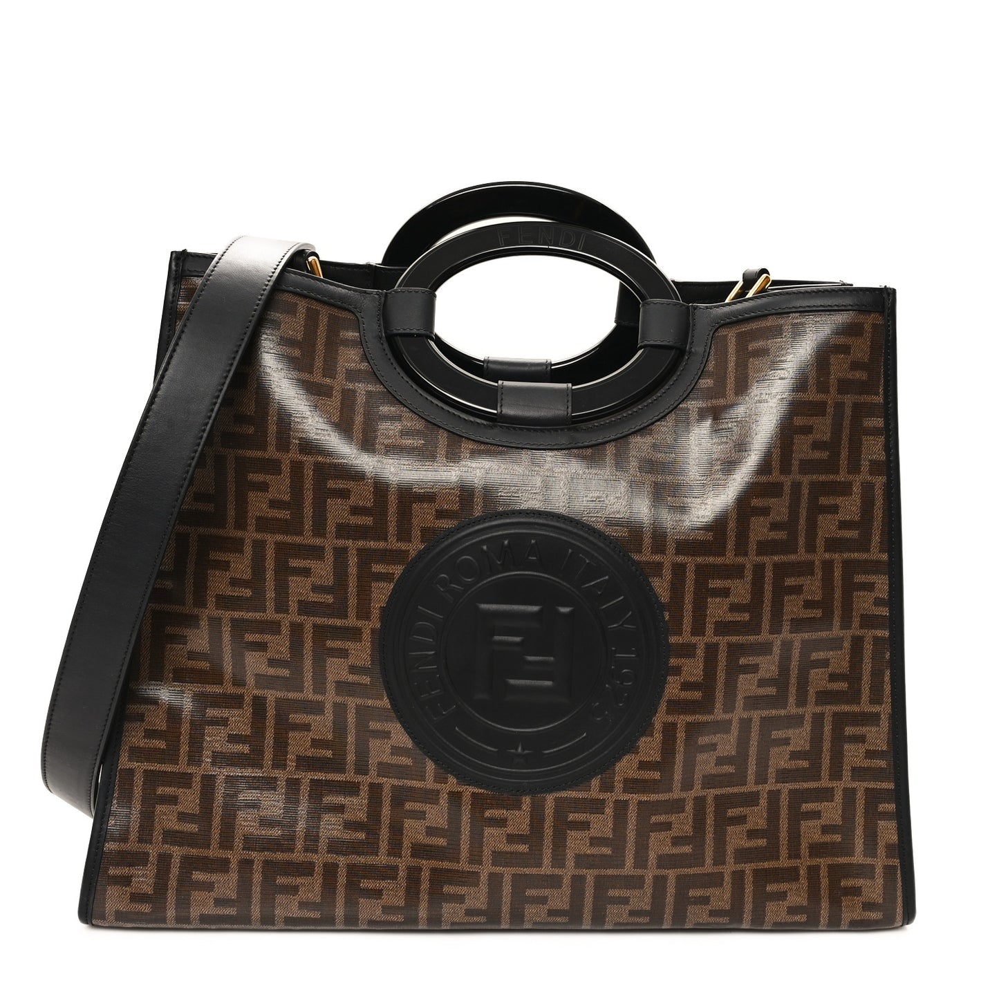 Glazed Fabric Vitello Century Plexiglass FF 1974 Stamp Patch Medium Runaway Shopper Tote Mogano Panna Black