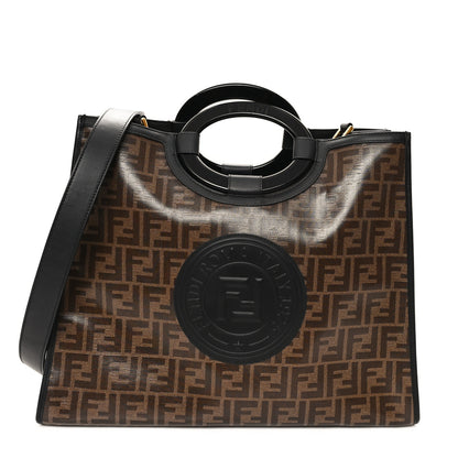 Fendi Glazed Fabric Vitello Century Plexiglass FF 1974 Stamp Patch Medium Runaway Shopper Tote Mogano Panna Black 1 of 12