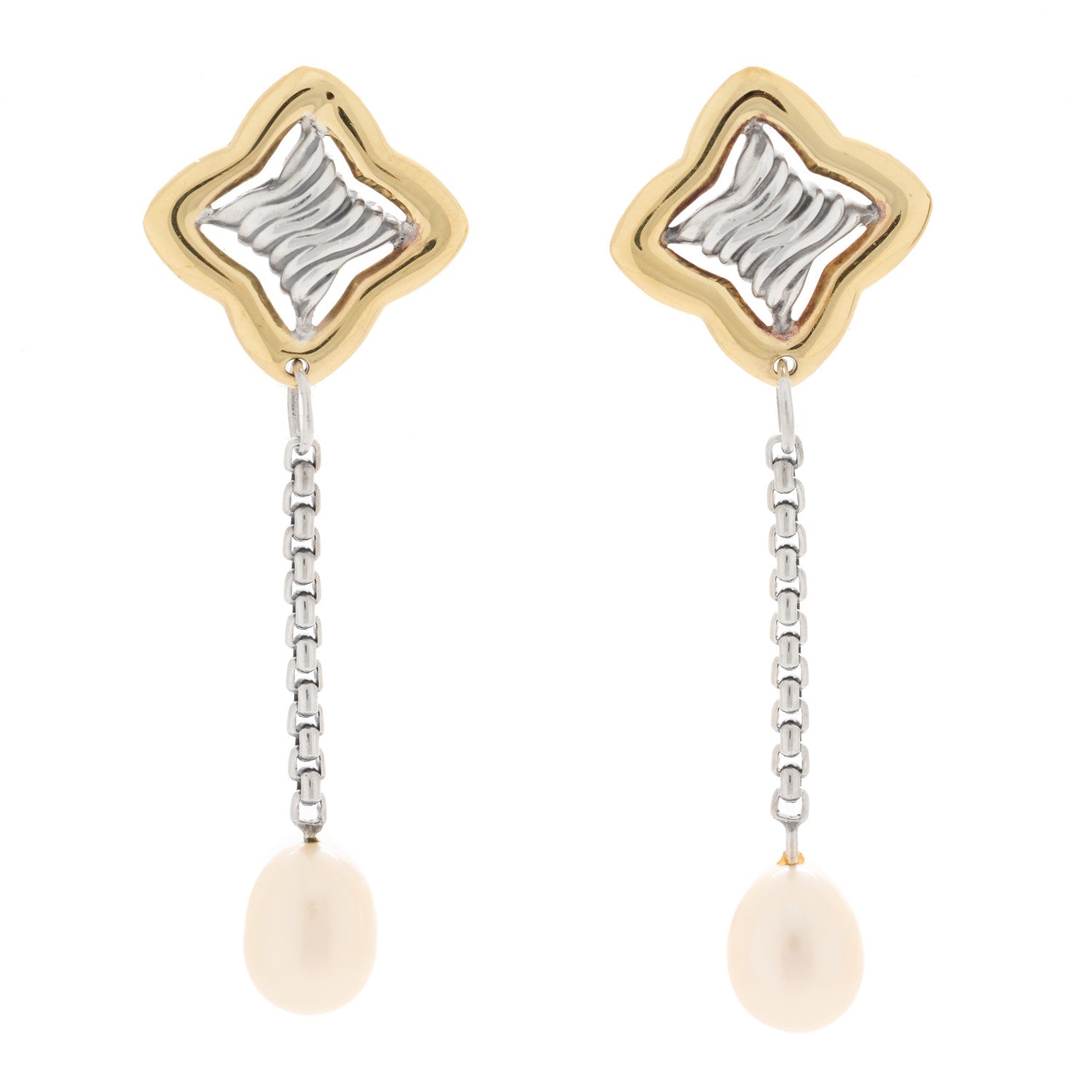 David Yurman Sterling Silver 18K Yellow Gold Pearl Quatrefoil Drop Earrings 1 of 4