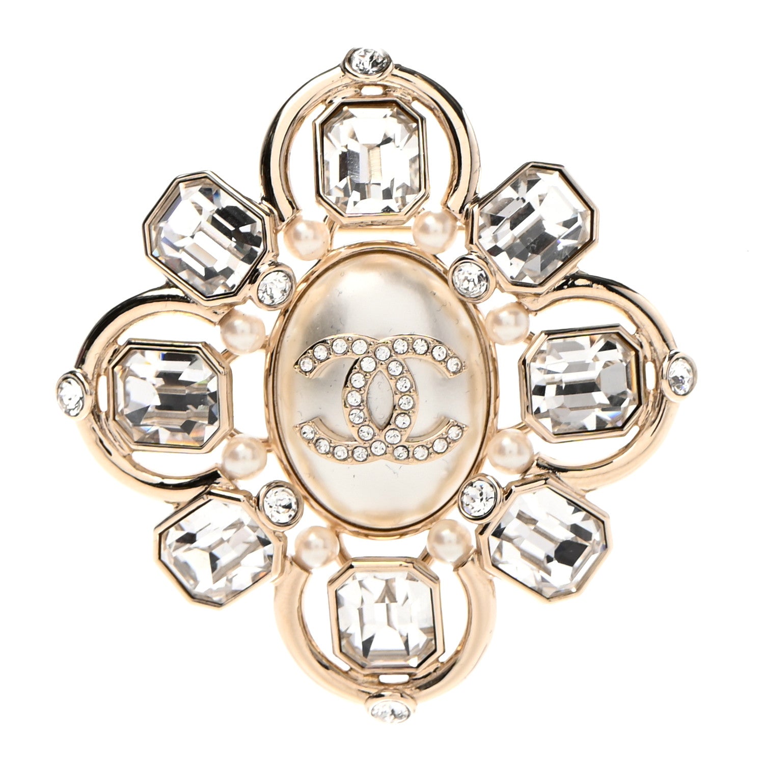 Chanel Pearl Crystal CC Brooch Pearly White Gold 1 of 5