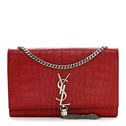 Saint Laurent Calfskin Crocodile Embossed Medium Classic Monogram Kate Tassel Satchel New Red 1 of 9