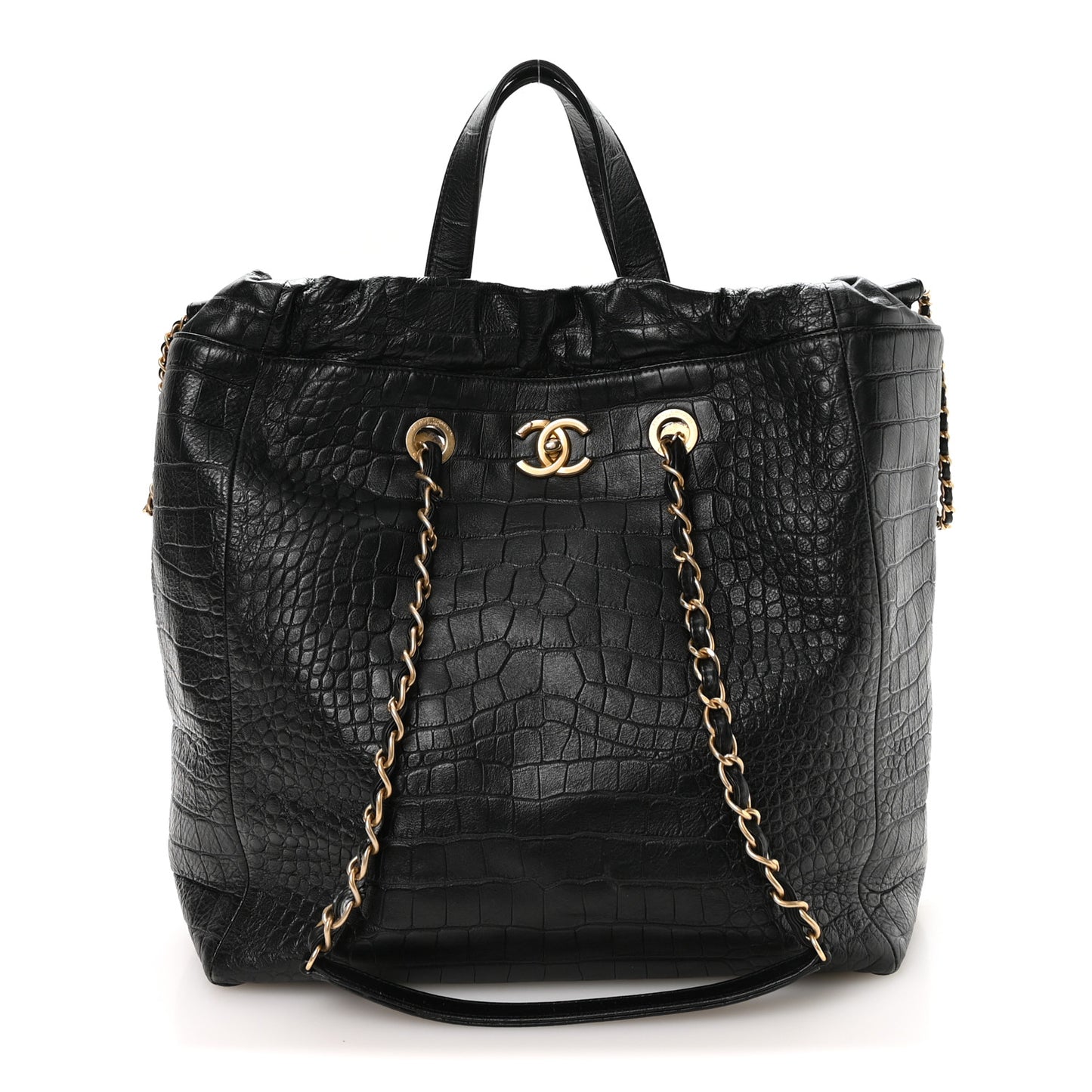 Calfskin Crocodile Embossed Large Cocodile Shopping Tote Black