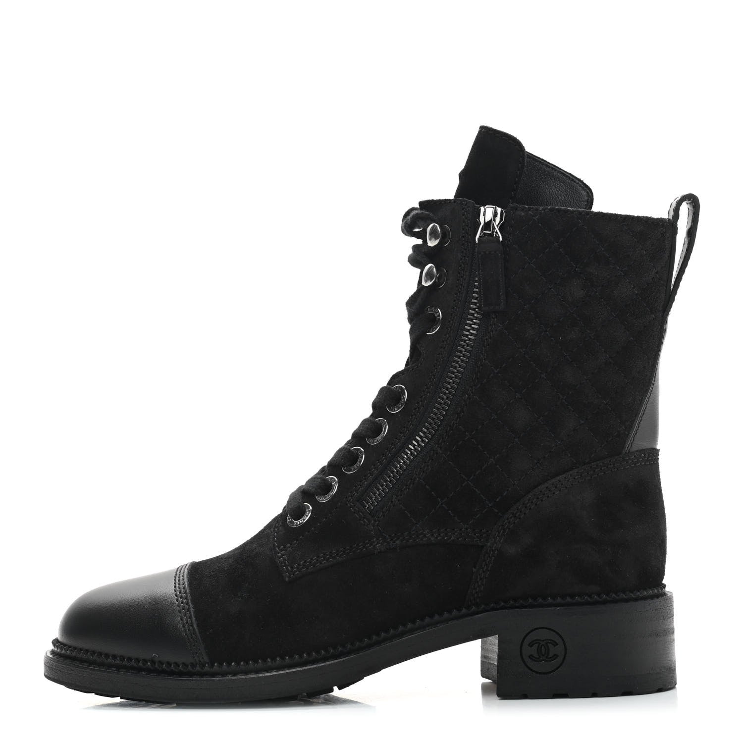 Chanel Suede Quilted CC Lace Up Combat Boots 37.5 Black 1 of 8